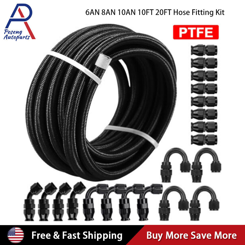 4AN-6AN-8AN-10AN Nylon Braided PTFE Fuel Line 10FT 20FT with 20 Fitting Hose Kit