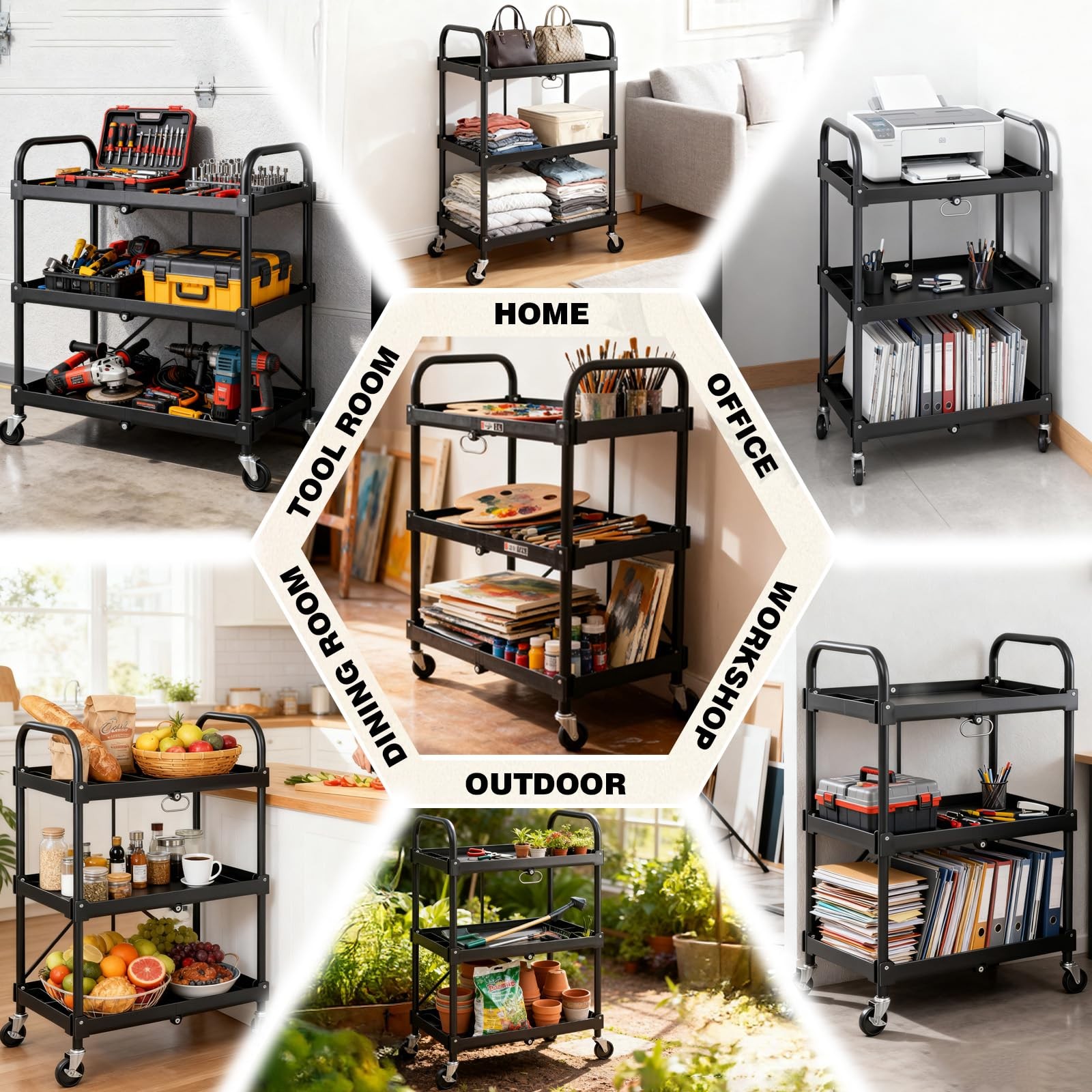 3-Tier Folding Utility Cart, Collapsible Service Cart with 4 Swivel Wheels & ...