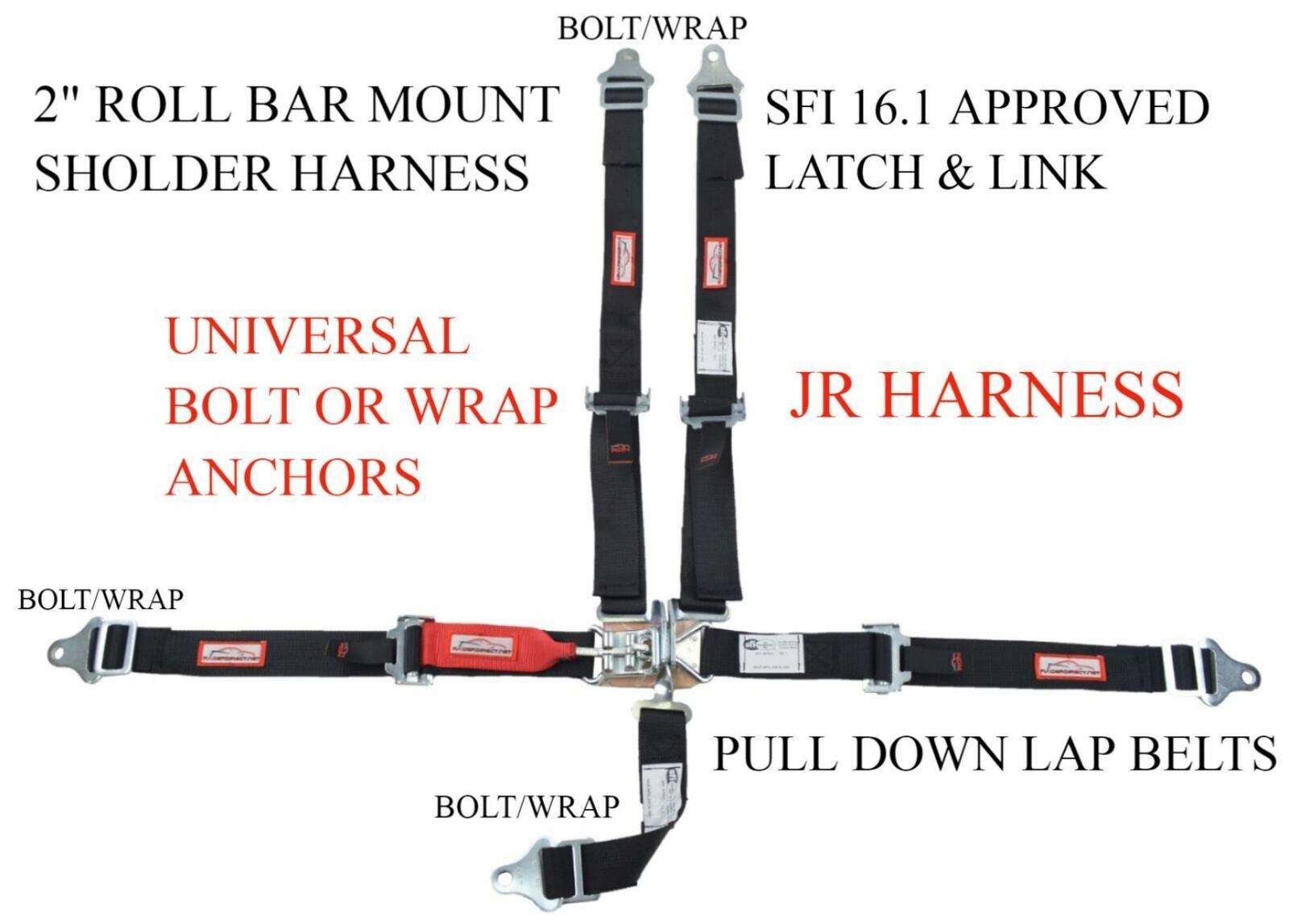 QUARTER MIDGET HARNESS SFI 16.1 5 POINT LATCH & LINK ROLL BAR MOUNT BELT BLACK
