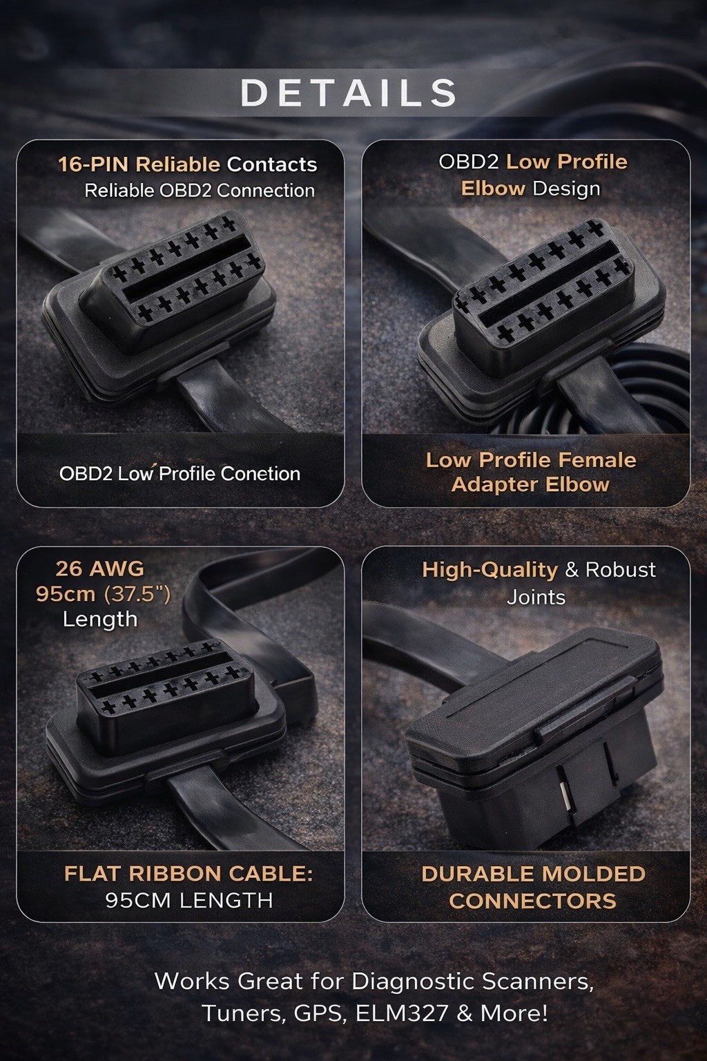 OBD2 16 Pin Male to Female Extension Cable Flat Ribbon Low Profile GPS Scanner