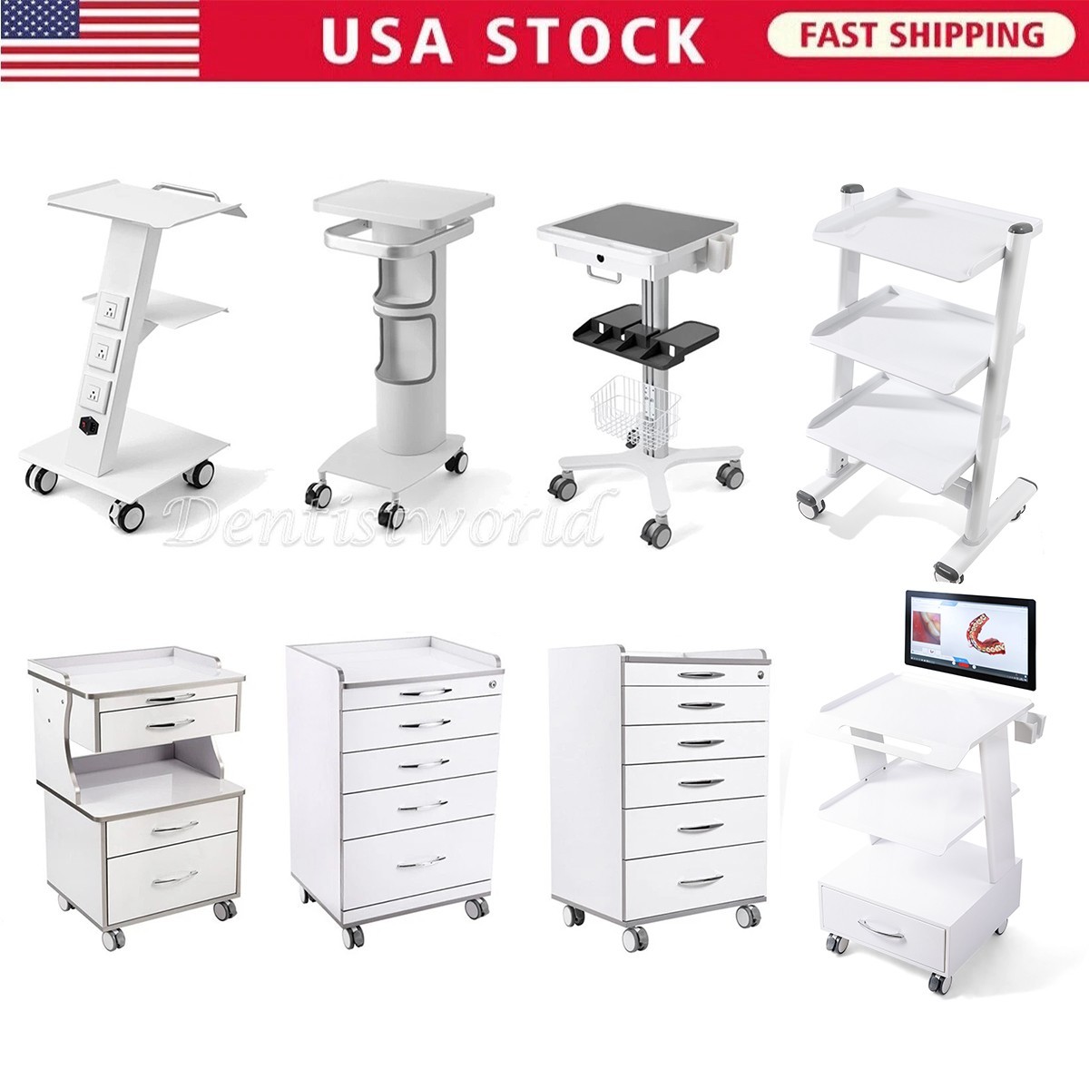 AZDENT Dental Mobile Cabinet Cart with Drawers Medical Tool Cart Trolley Sockets