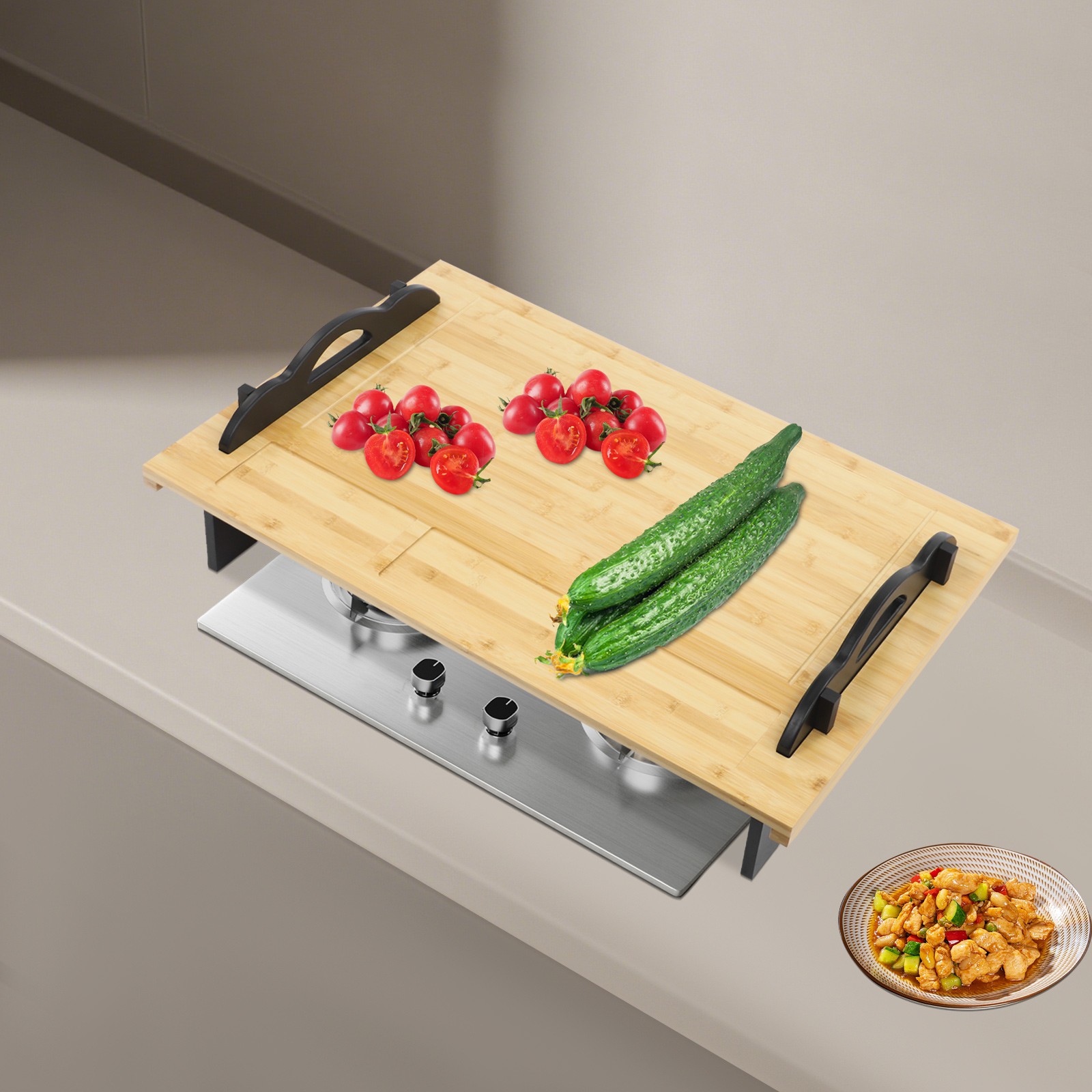 Stove Top Cover Board with Handles for Gas & Electric Stoves Wood Color New