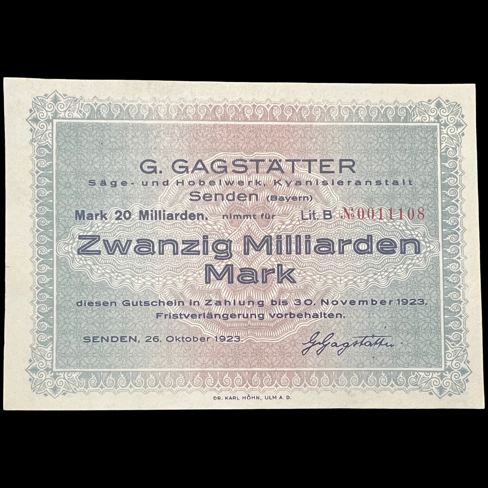1923 Germany 20 Billion Mark Post WWI Pre WWII Banknote World Paper Money Kaiser