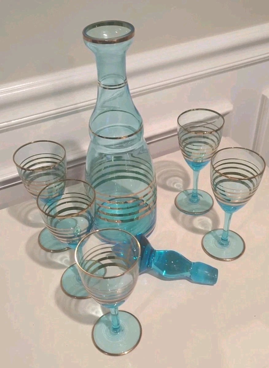 MCM Vintage Teal Blue & Gold Romanian Glass Decanter 4 Cordial Glasses 7 pc Set