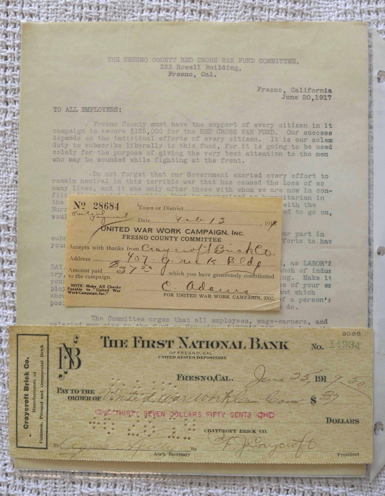 WWI 1917-19 FRESNO COUNTY WAR FUND COMMITTEE LETTER +WAR WORK CAMPAIGN DOCS