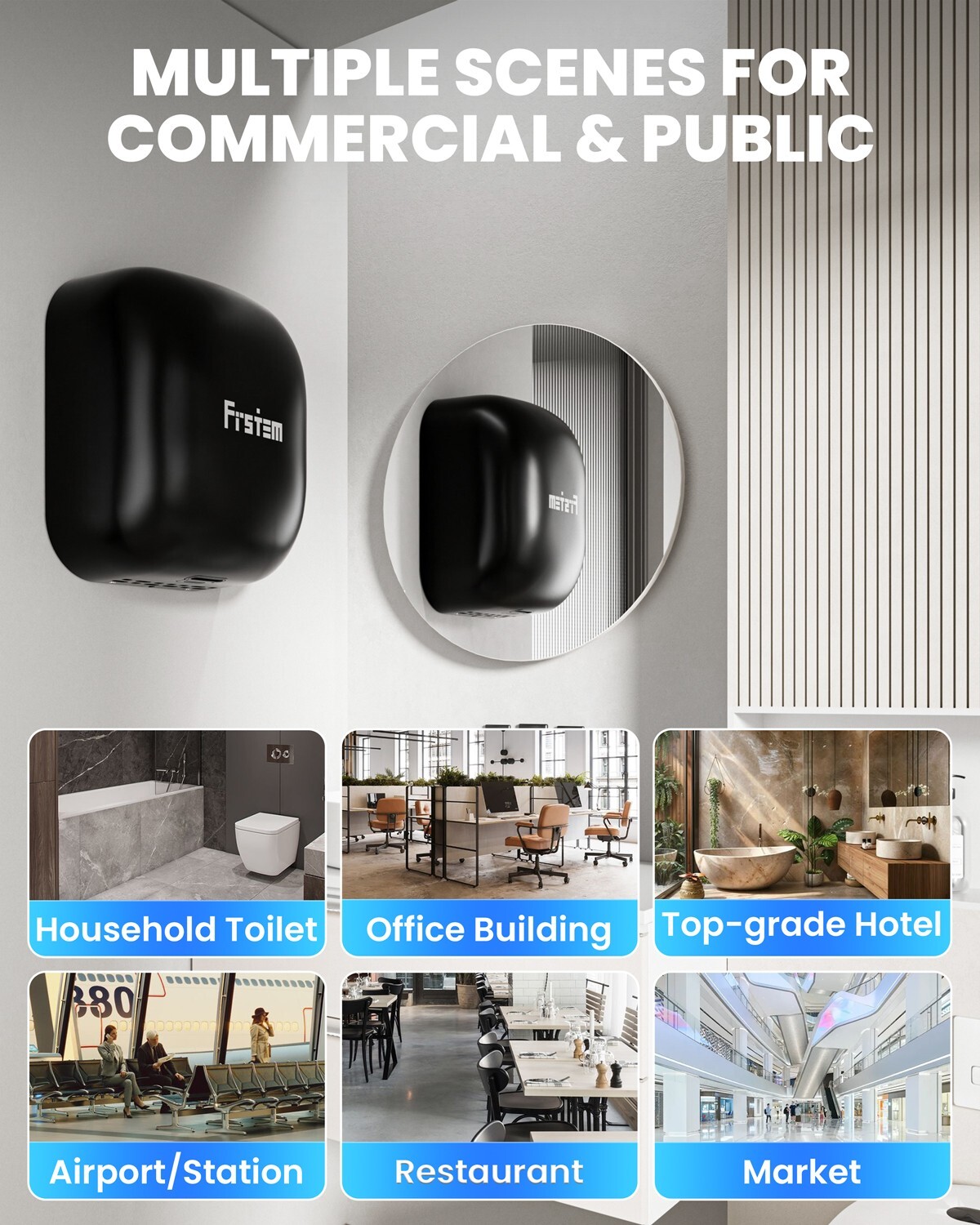 Commercial Hand Dryers, 1800W Automatic High Speed Hand Dryer Black