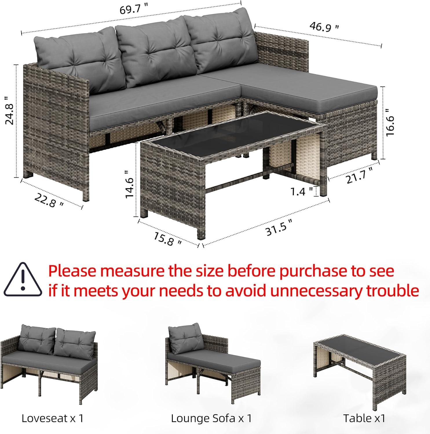 3-Piece Outdoor Patio Furniture Sets, Wicker Patio Conversation Sets, All Weathe