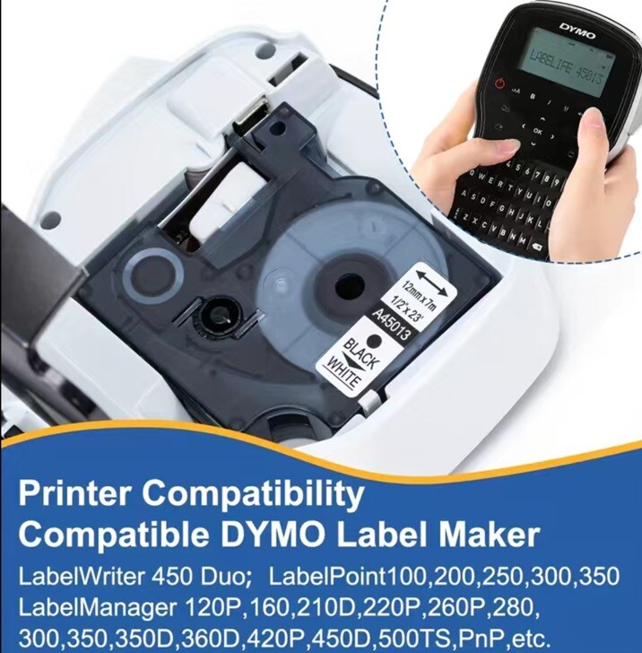 10PK For Dymo D1 Black on White S0720530 Label Tape Cassette 45013 1/2" 12mm 160