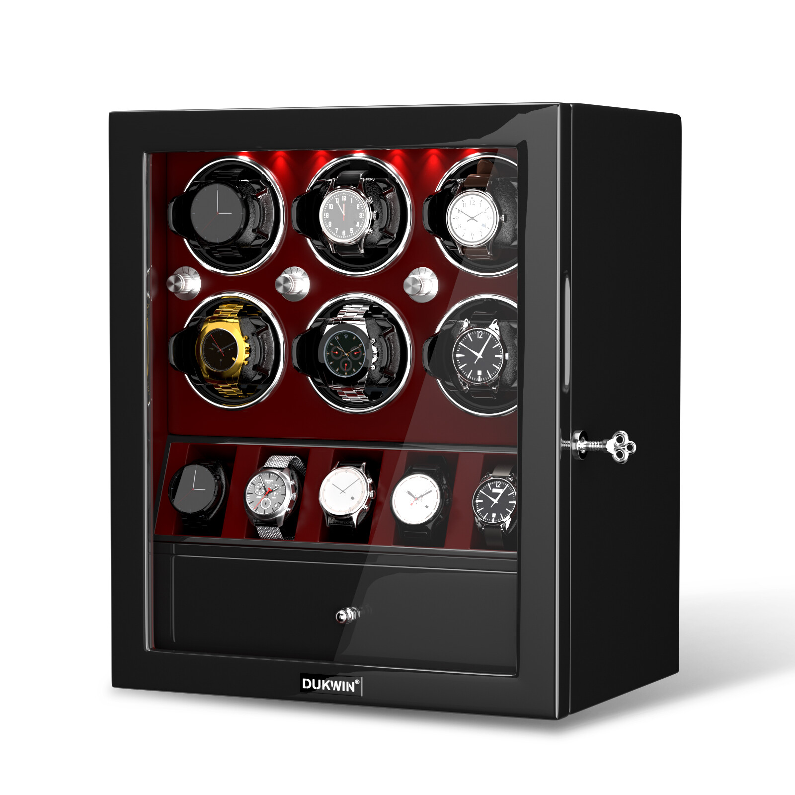 DUKWIN Automatic 6 Watch Winder with 5 Watches Display Storage Case Box LED Red