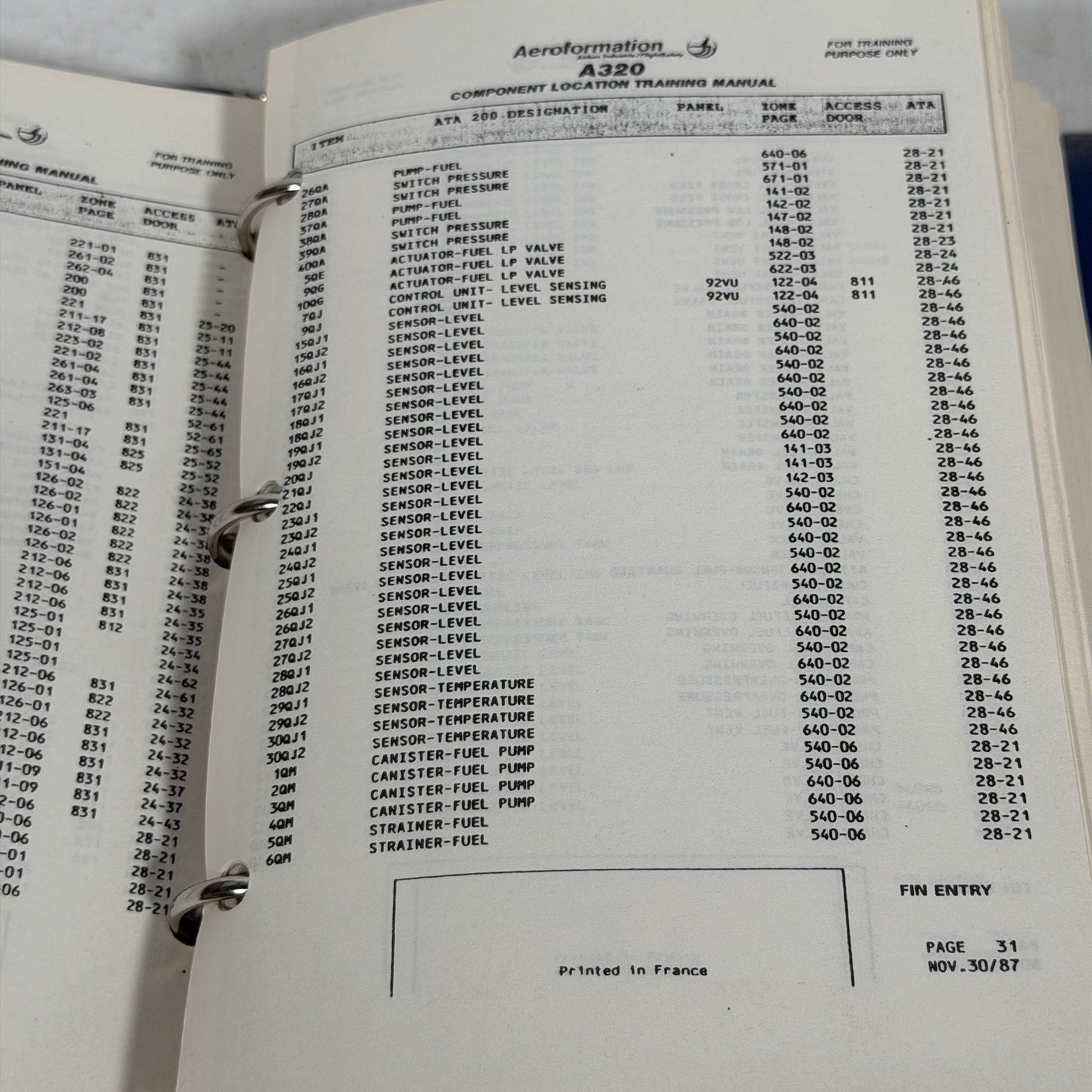 A320 Component Location Training Manual Aeroformation 1986 Airbus Binder