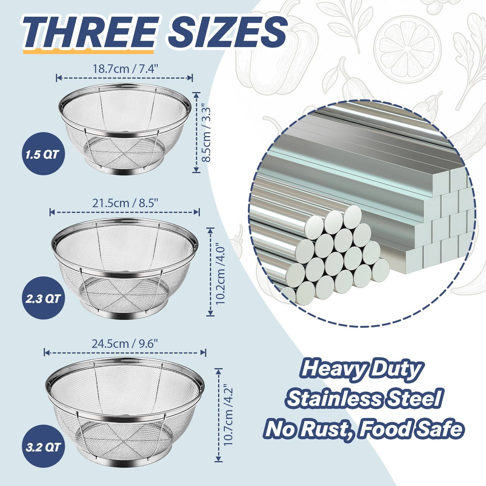 tastyWay 3pc Colander Set Stainless Steel Kitchen Mesh Strainer Net Baskets