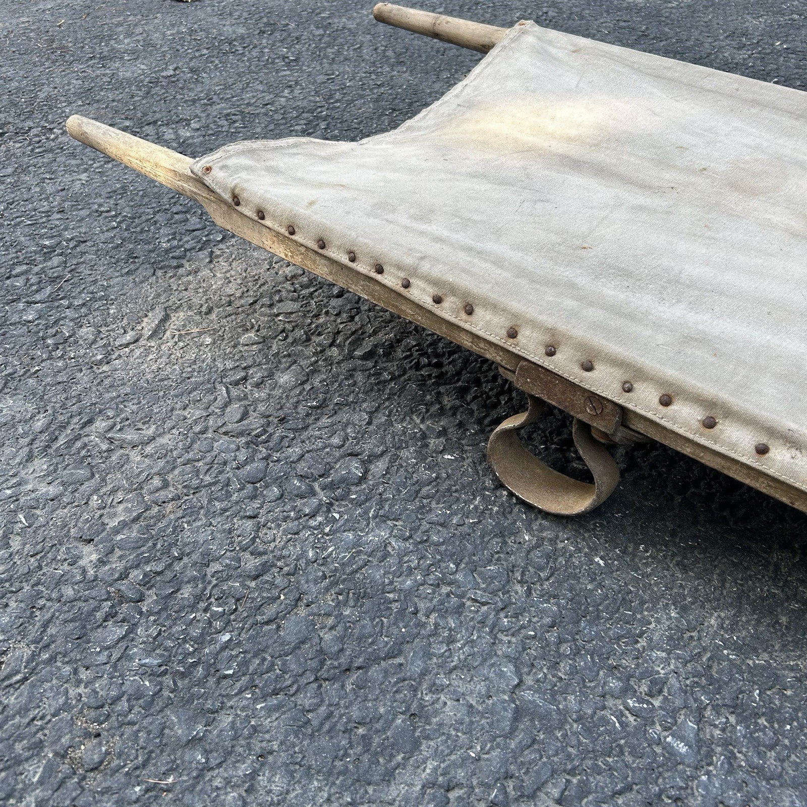 Antique World War 1 Era Medic Stretcher Canvas Gurney Litter WWI Iron Loop Feet