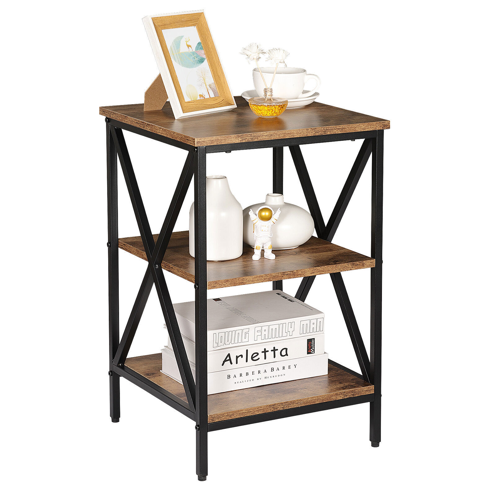 24.4" Side Table Industrial X Shape 3-Tier Small End Table Storage Sheves Brown
