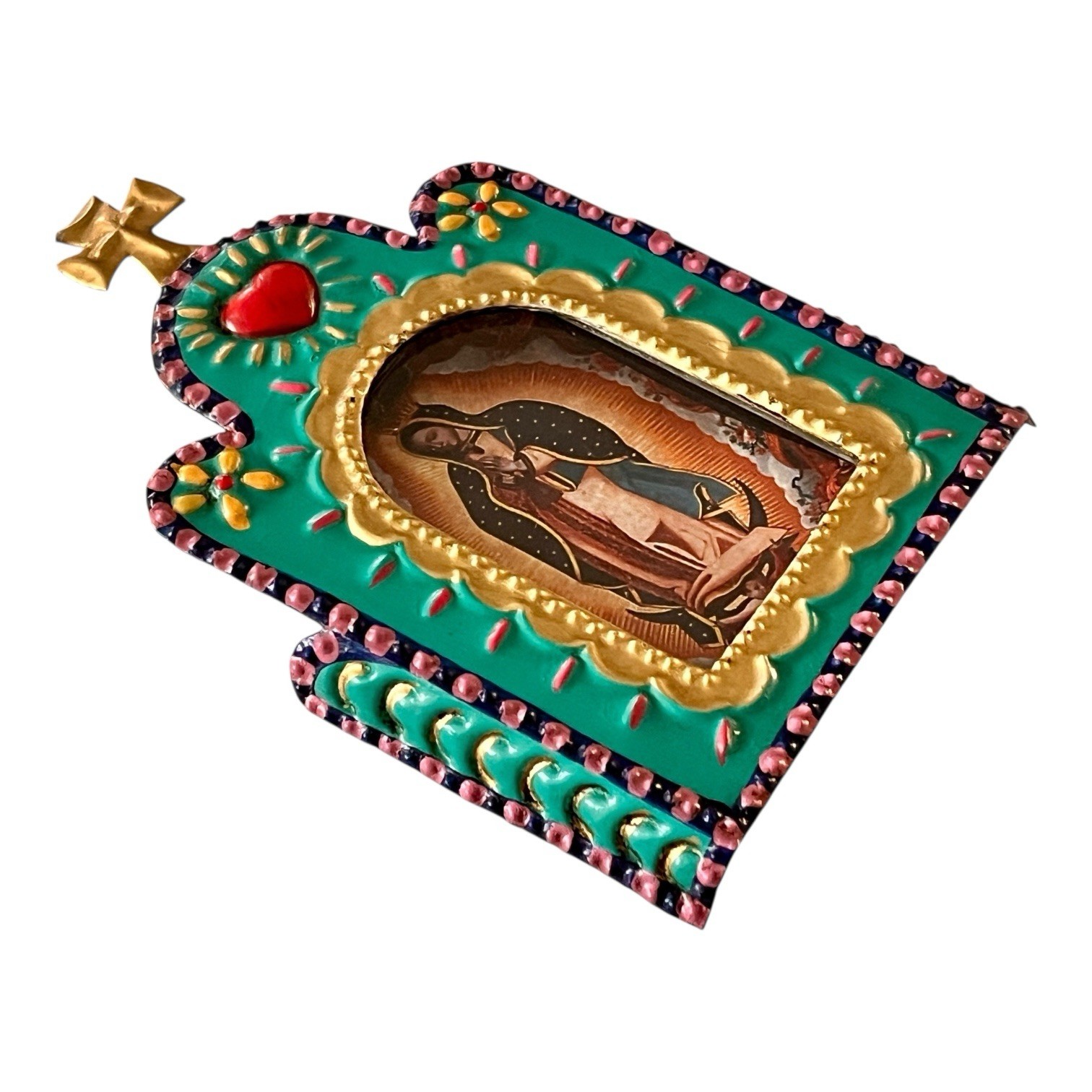 Small Church Nicho, Virgin Guadalupe Mexican Tin Heart Nicho Frame