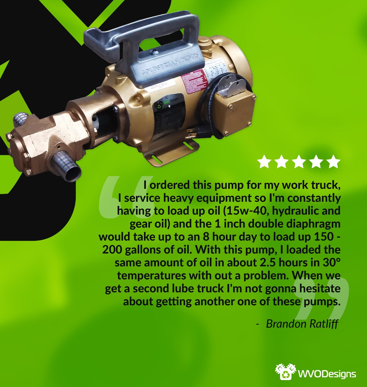 WVO Designs Portable Oil Transfer Gear Pump 12gpm HD, Goldstream Oil Pump