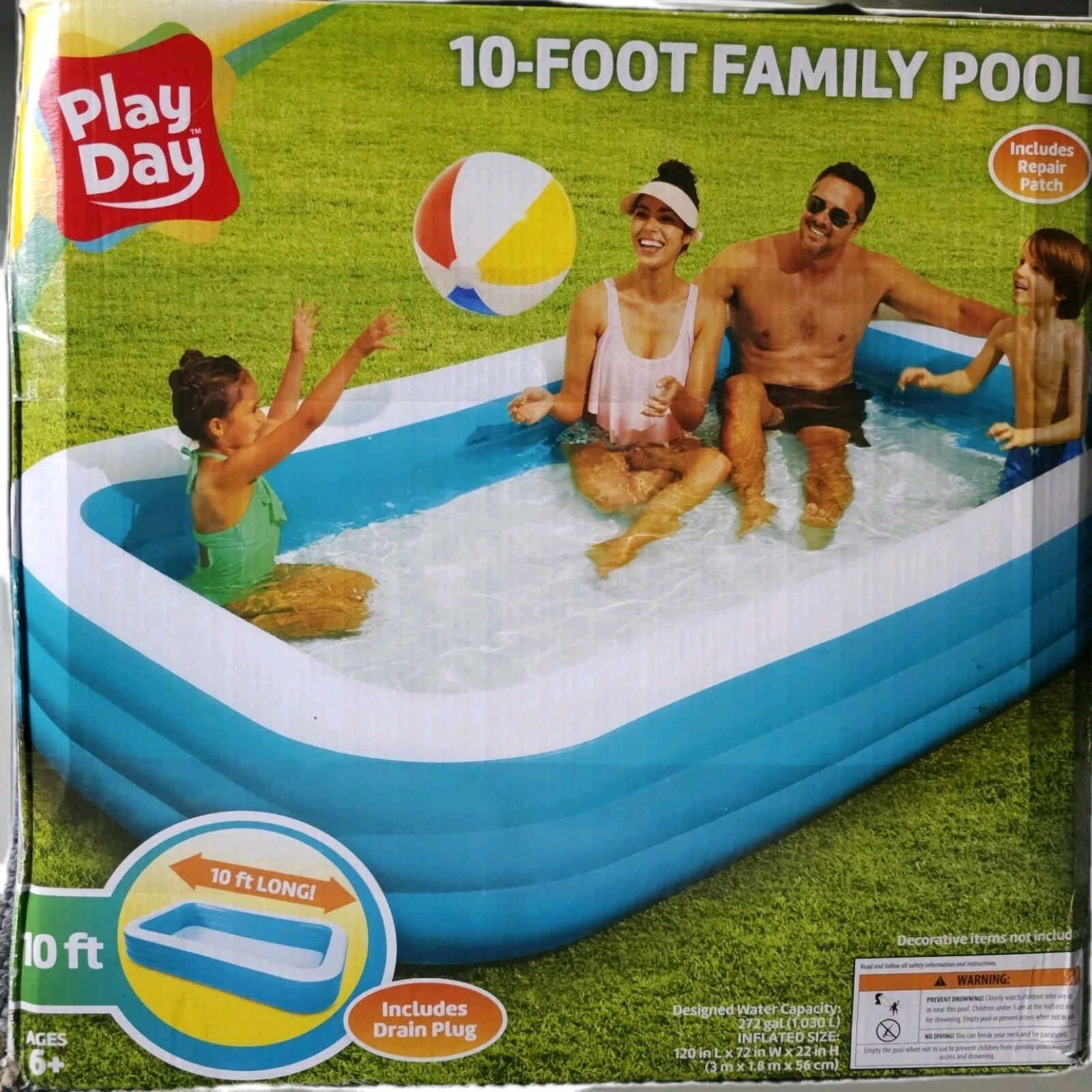 Play Day 10 Foot Family Inflatable Pool 272 Gallon Blue White Backyard Kids Pool