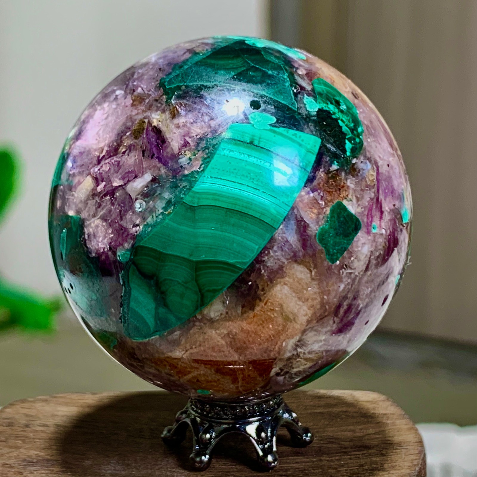 108G Newly discovered rare malachite purple mica symbiotic sphere restoration