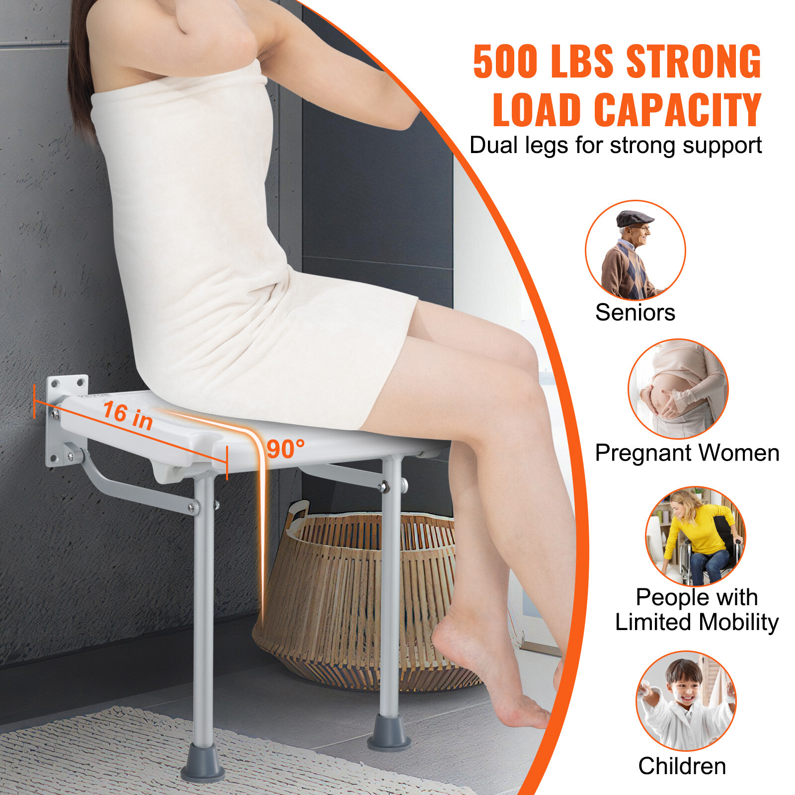 Vevor Fold Down Shower Seat Folding Bench Wall Mount 500lbs Handicapped Chair