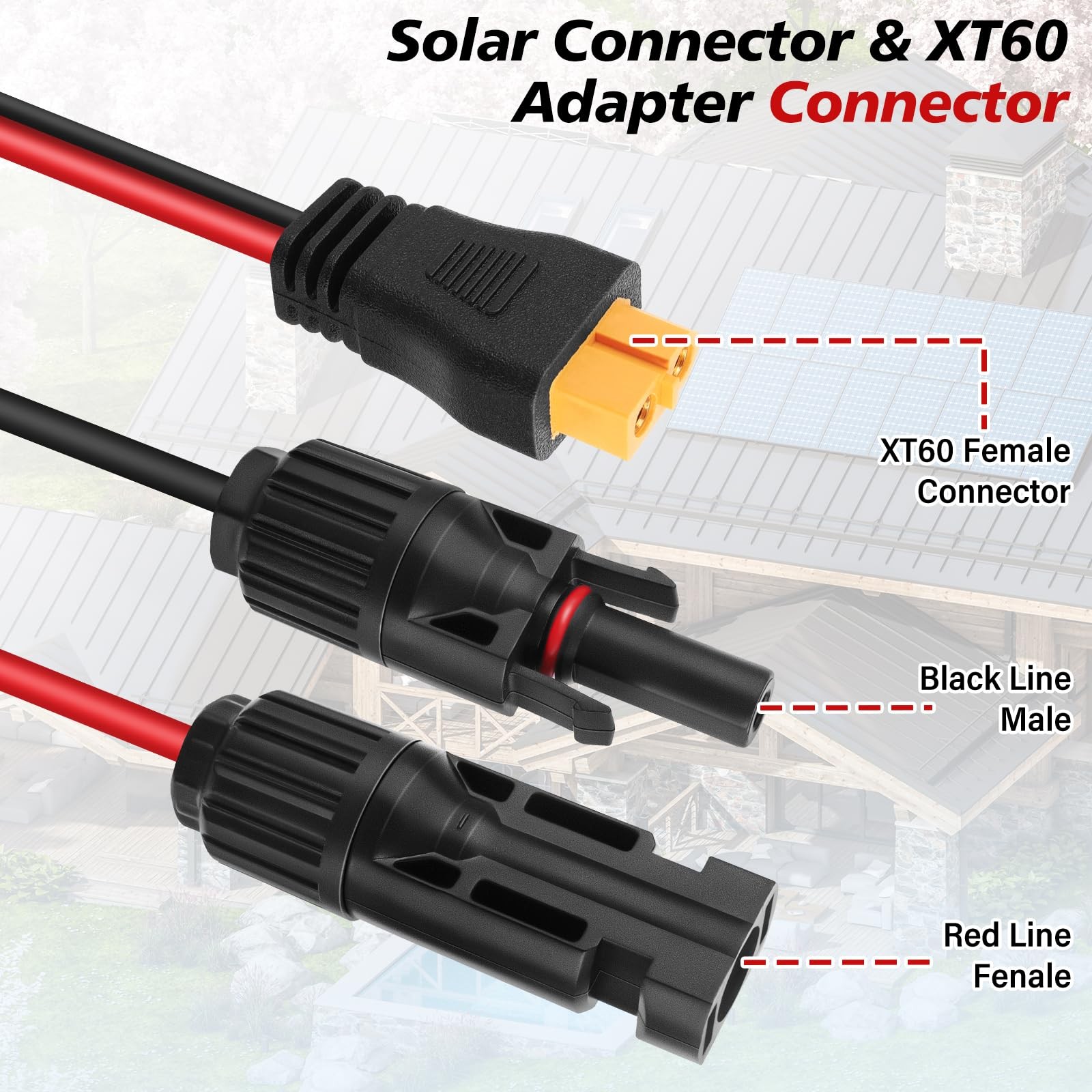 Solar to XT60 Extension Cable,12AWG/4mm² Panel Plug 2 FT, Black&Red