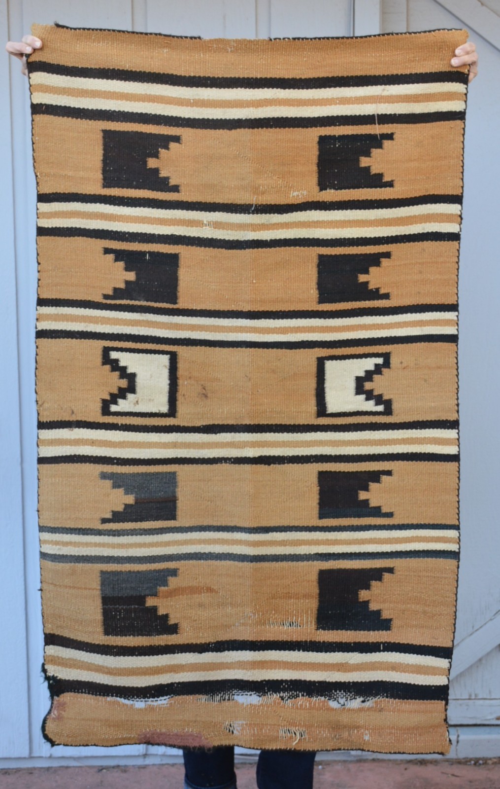Old Navajo Rug - Striped Banded Pattern with Kiva Step Geometric - 53" x 32"