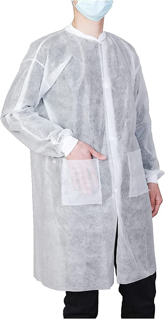 Case of 50 Disposable Lab Coats 2 Pockets w/ Knitted Cuffs Collar (S-2XL)