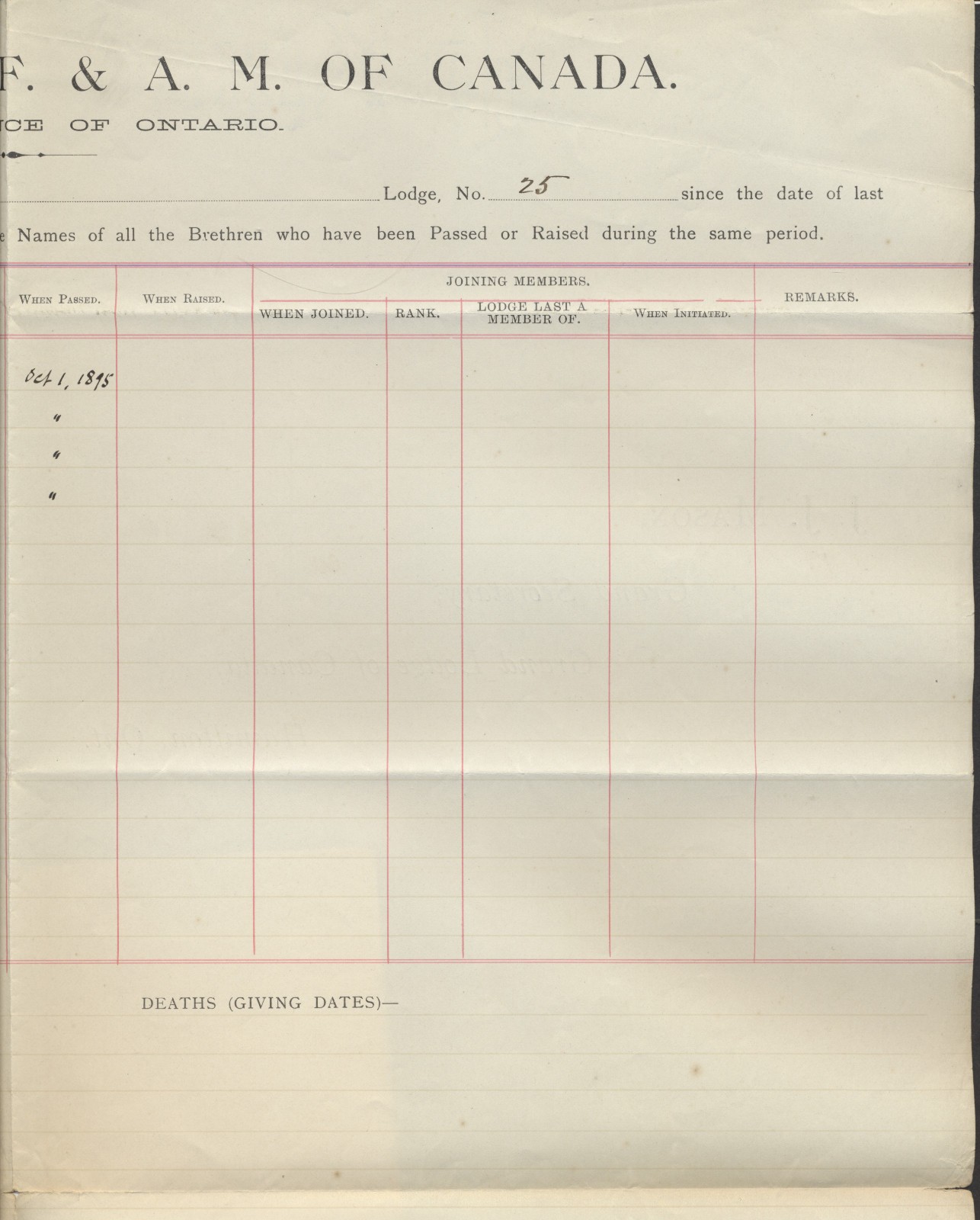 1895 1c Small Queen Circular Grand Lodge of Canada Hamilton Squared Circle