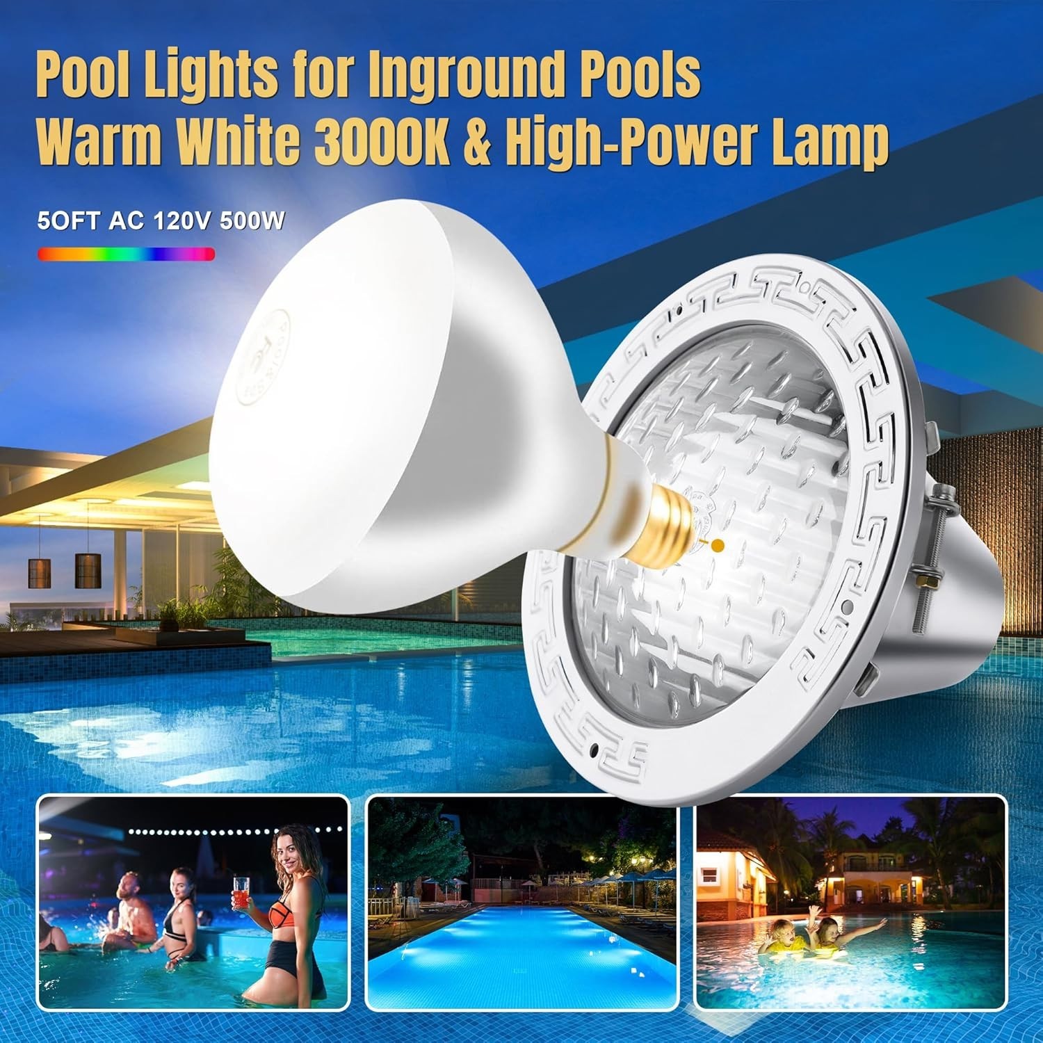 120V 10-Inch Waterproof Pool Light for Inground Pools – IP68 Rated 50 FT