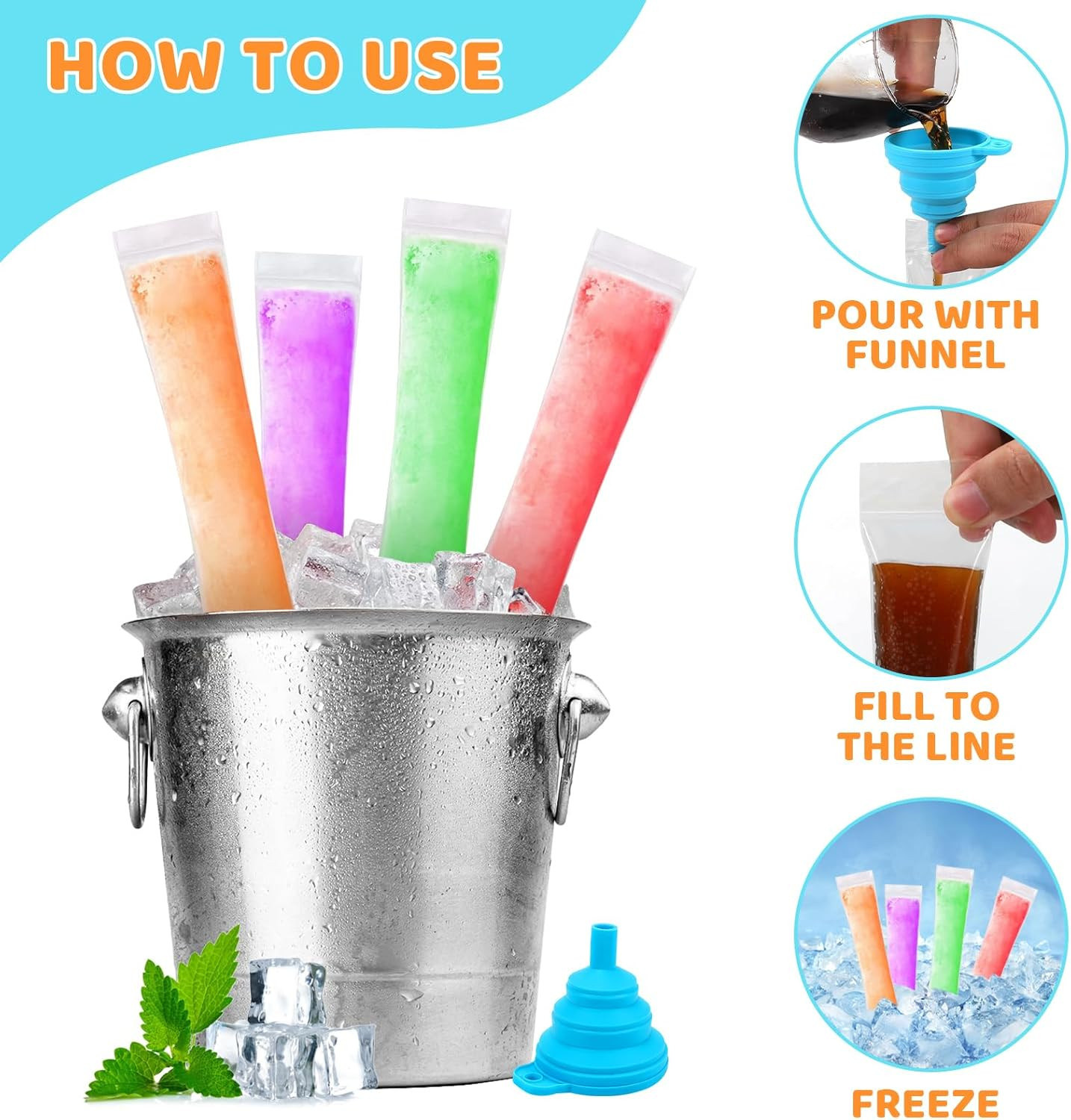 300 Disposable Ice Popsicle Mold Bags Comes with a Funnel, BPA Free Freezer Tube