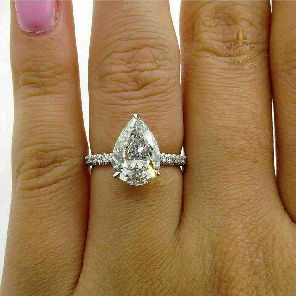 2.90 Carat Pear Cut Moissanite Hidden Halo Engagement Ring Solid 14K White Gold