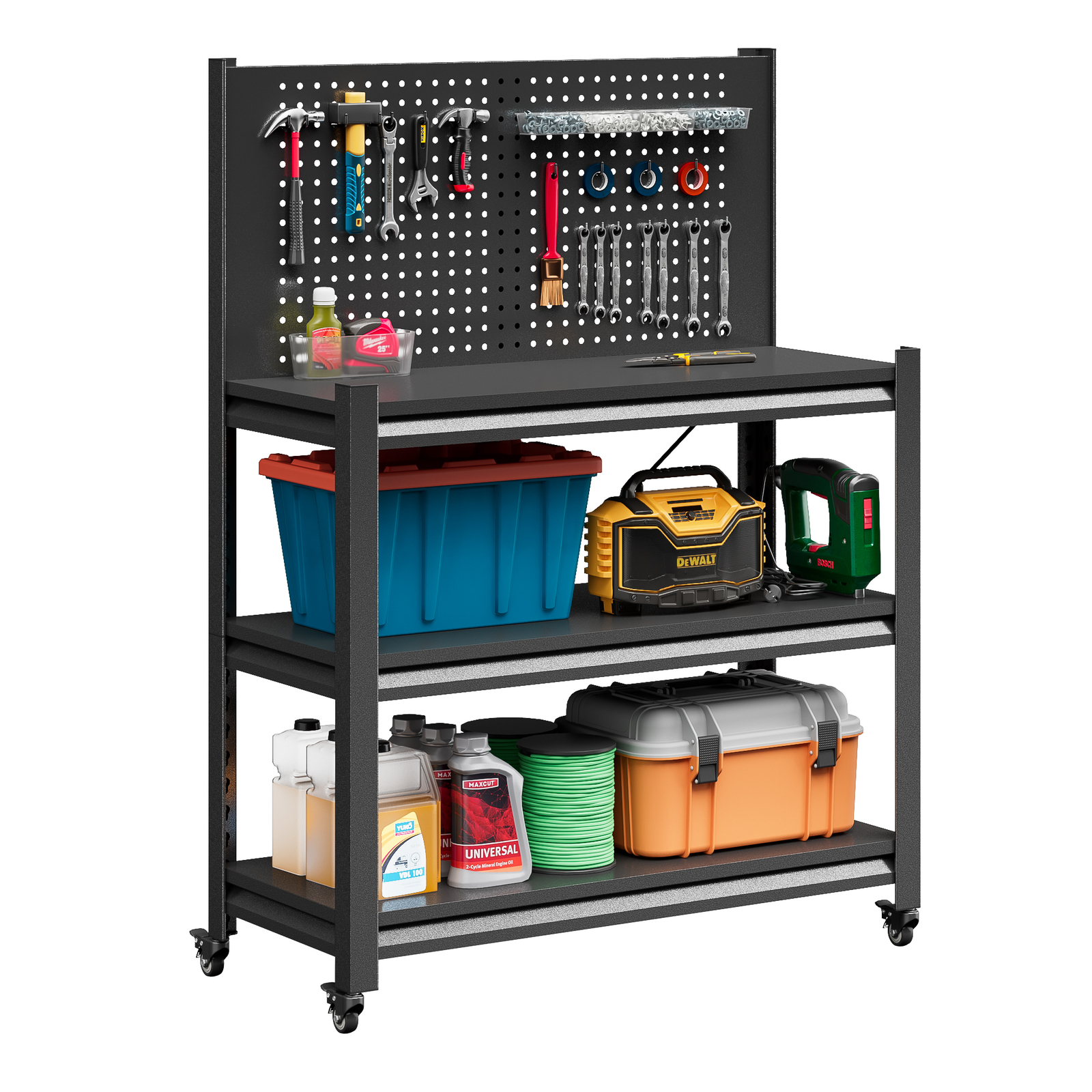 Metal Adjustable Workbench w/ Pegboard Rolling Garage Tool Storage Shelving Rack