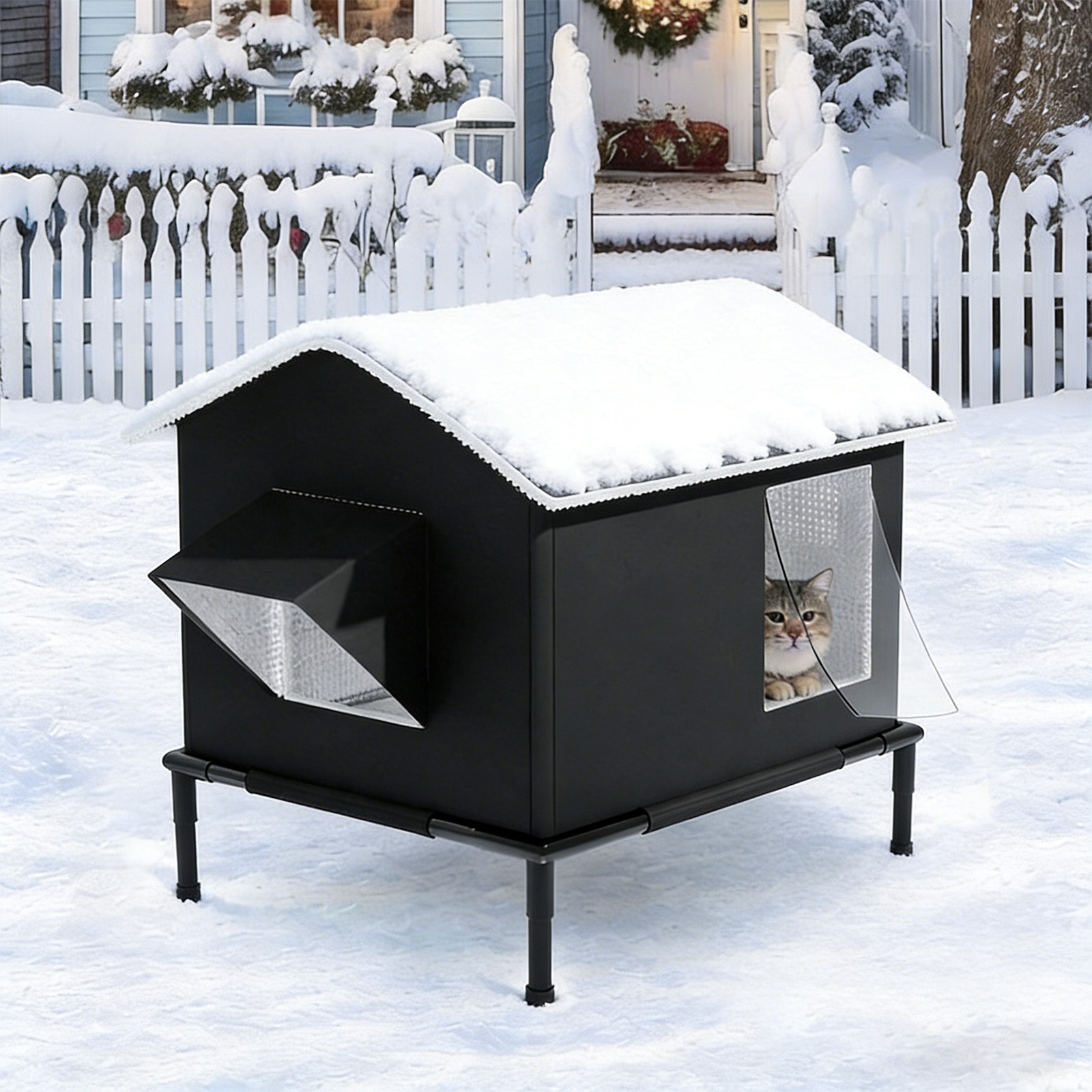 Outdoor Cat House Weatherproof Insulated Feral Cat Bed Shelter Elevated Base