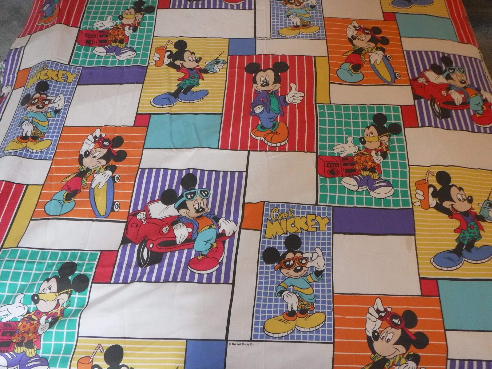 Vtg Disney Cool Mickey Mouse 90s Retro Colorblock Twin Flat Sheet Boombox Car