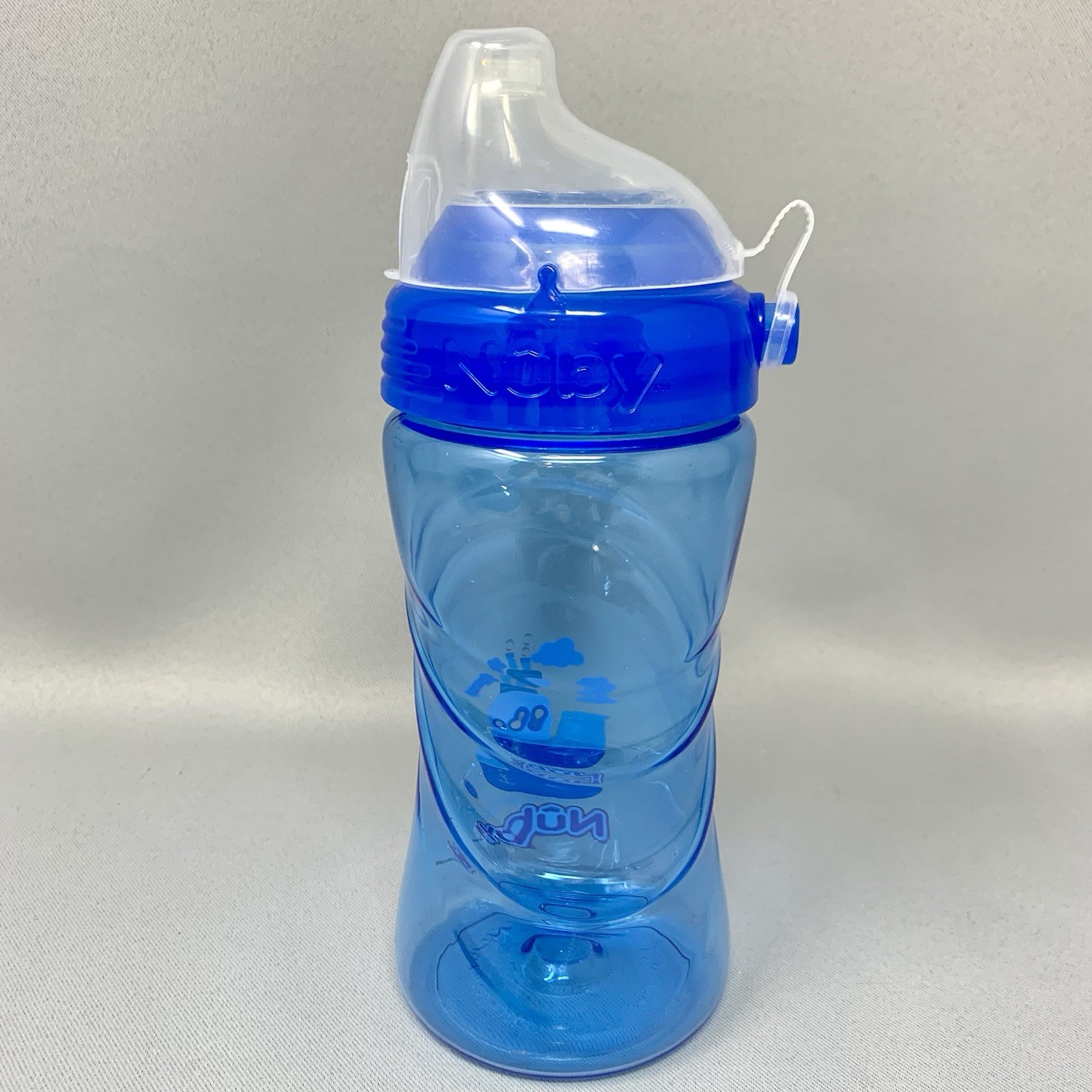 Nuby Sippy Cup with Lid 12 oz Blue Boys Boat Soft Nipple Spill Proof