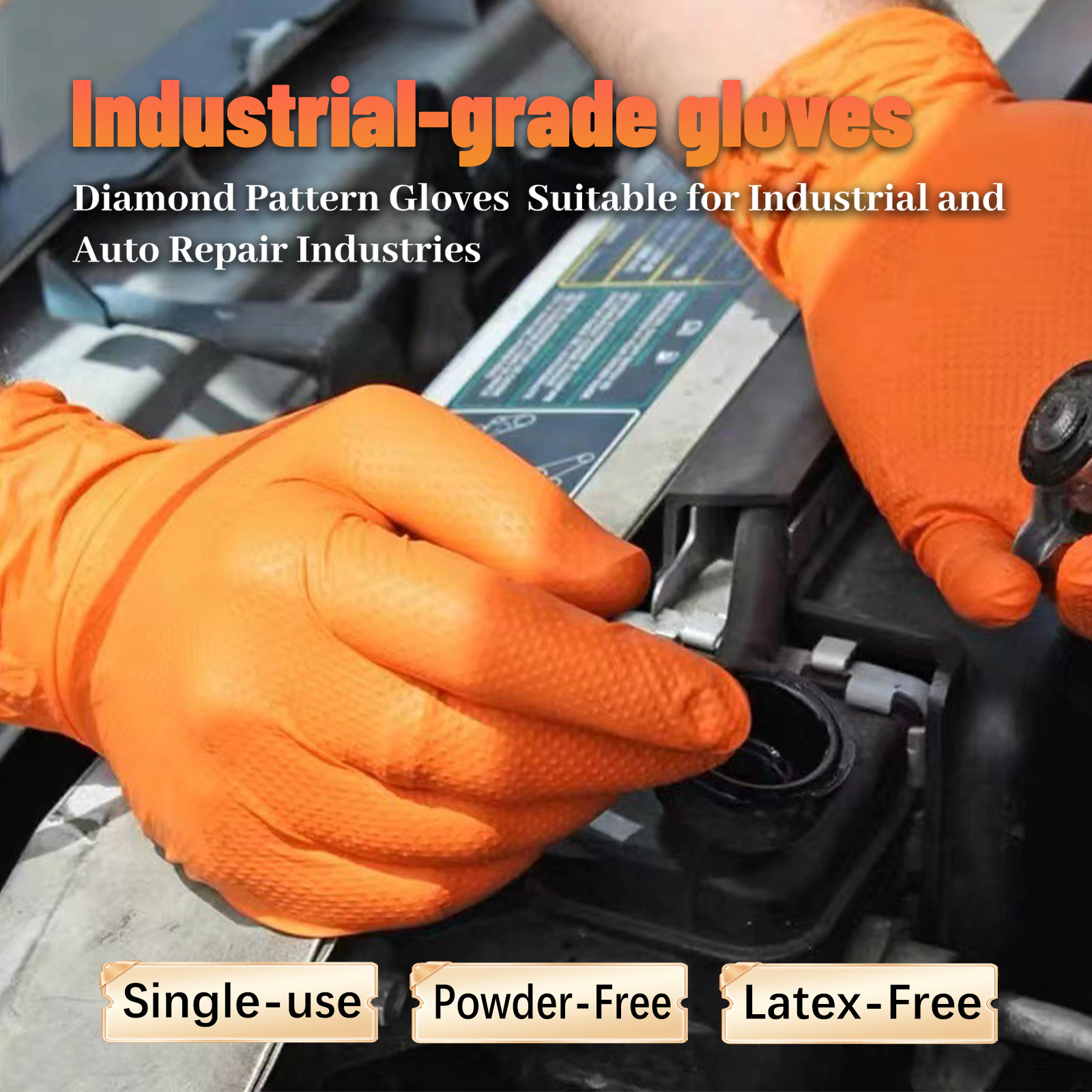 Heavy Duty Orange Industrial Nitrile Gloves with Raised Diamond Texture, 8-mil