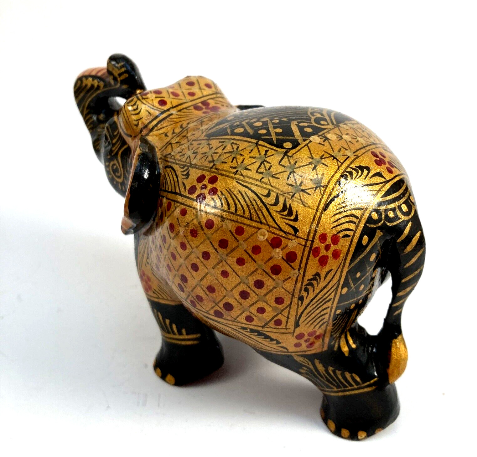 Wooden Trunk Up Elephant Figure Handpainted Gold Highlight Designs MISSING TUSKS