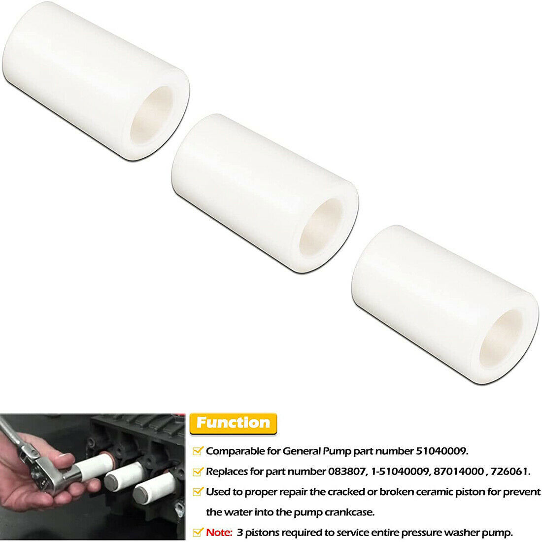 3 Pack Replacement General Pump Piston Ceramic 15mm 51040009 Fit For TP Pumps