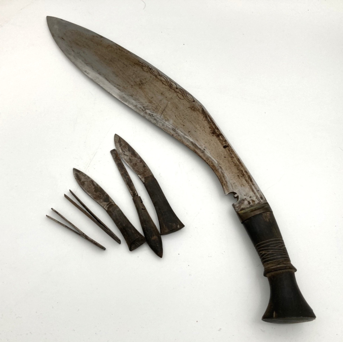 Vintage Kukri Knife Carved Wooden Handle & Leather Sheath Incomplete Set 17.5In