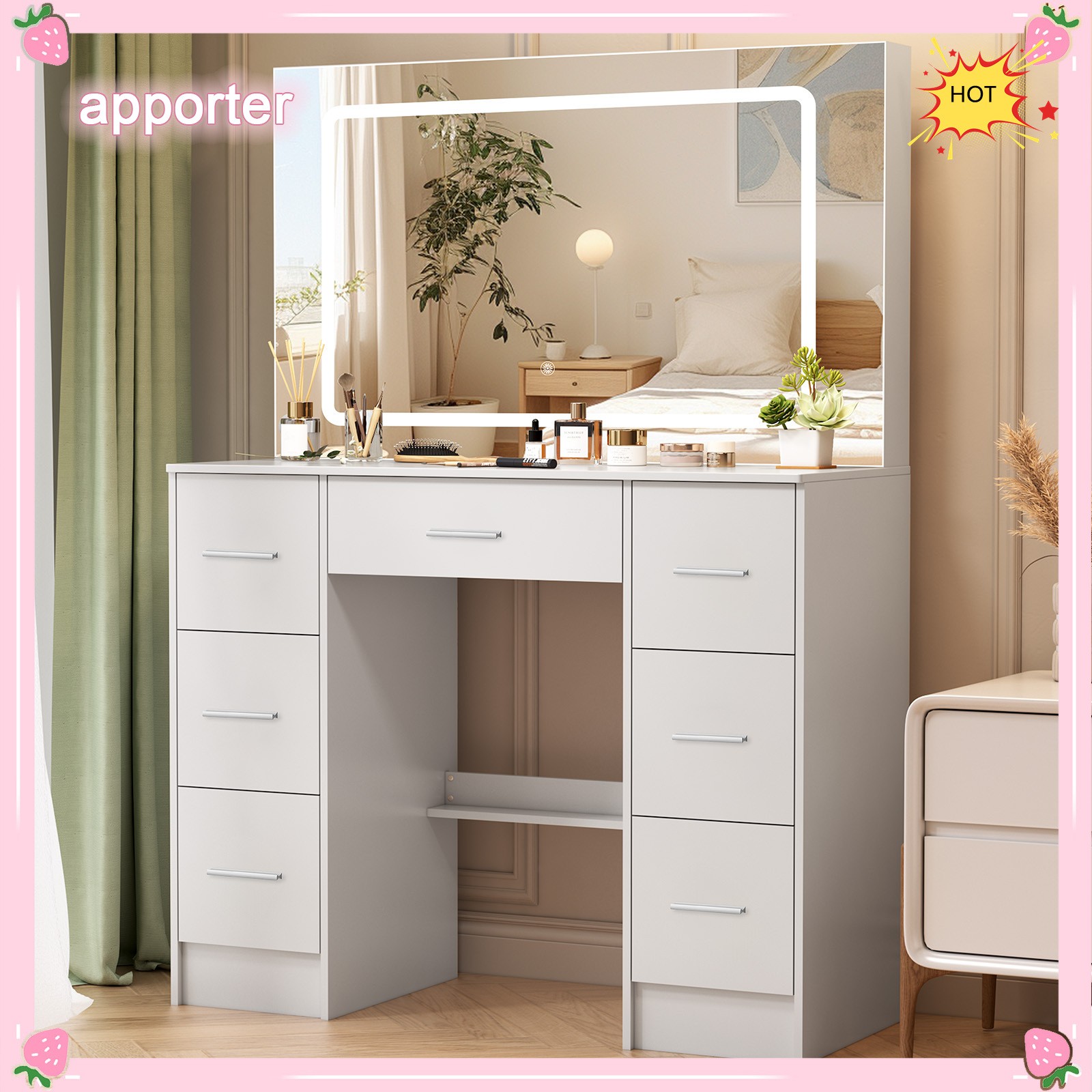 10 LED Lights With Large 3 Colors Mirror Makeup Dresser Desk Vanity Drawer Table