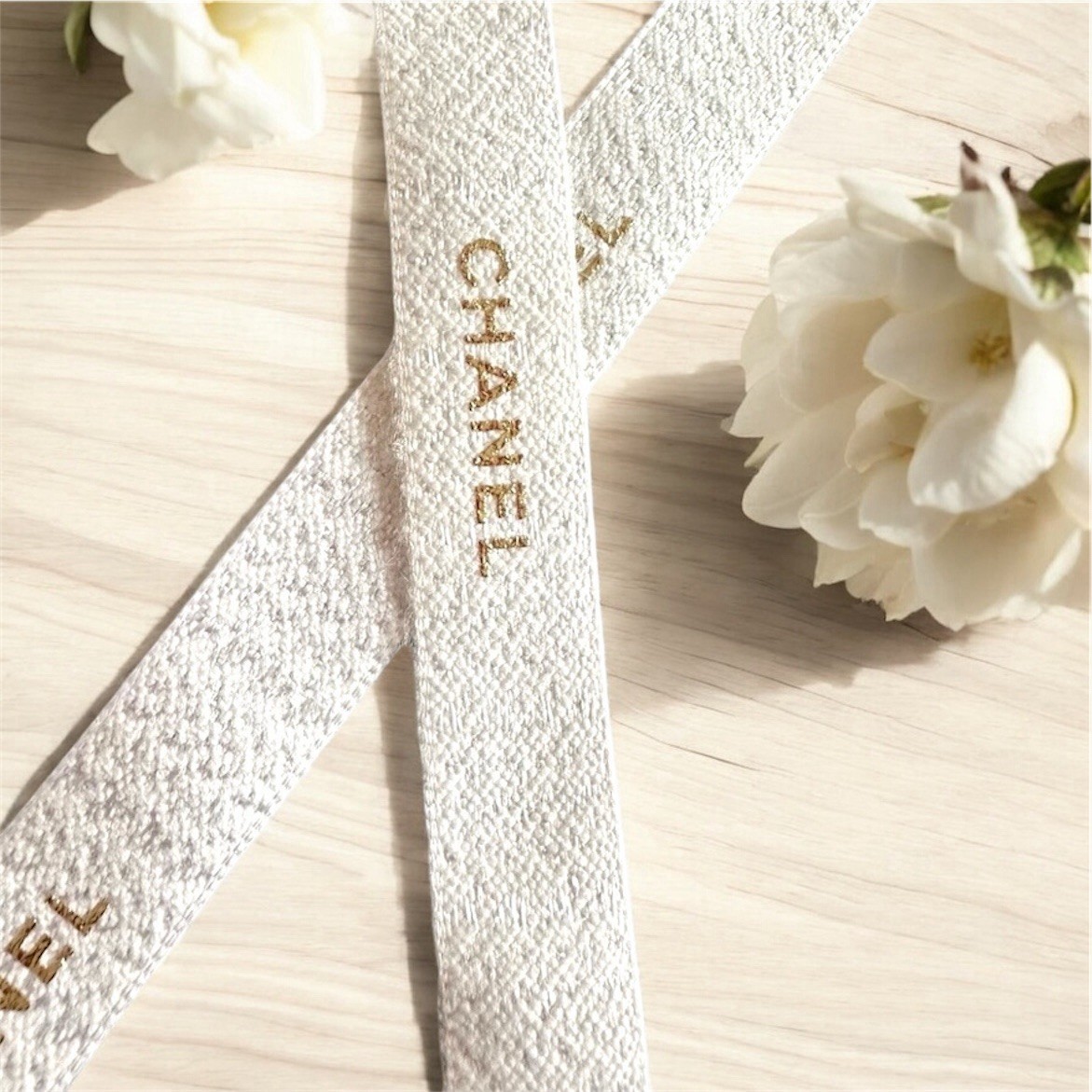 Chanel White & Metallic Gold Gift Wrap Ribbon Size: 5 Yard / 15 Feet