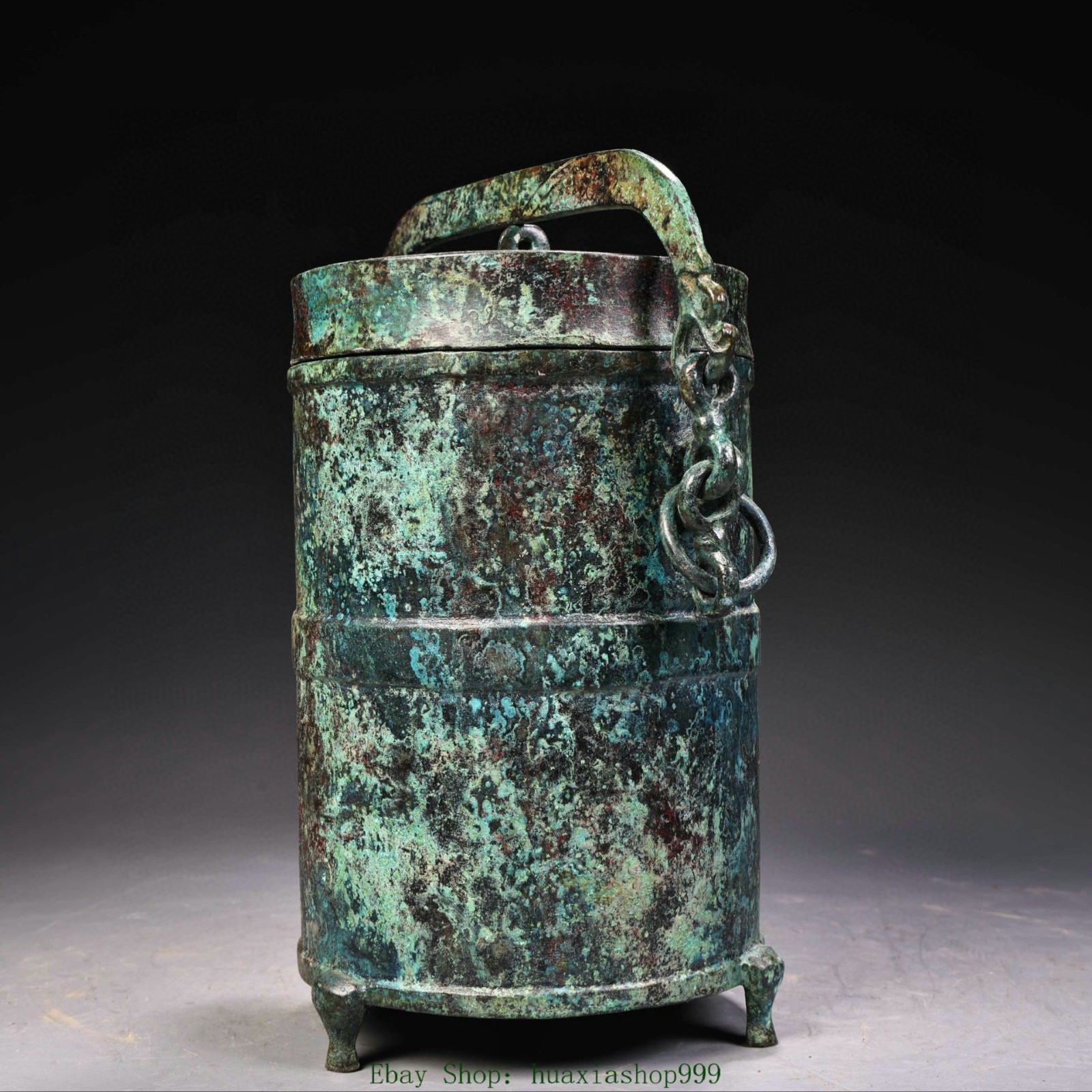 7.4"Collection Old China Dynasty Bronze Ware Chain Portable Crock Pot Jar Tank