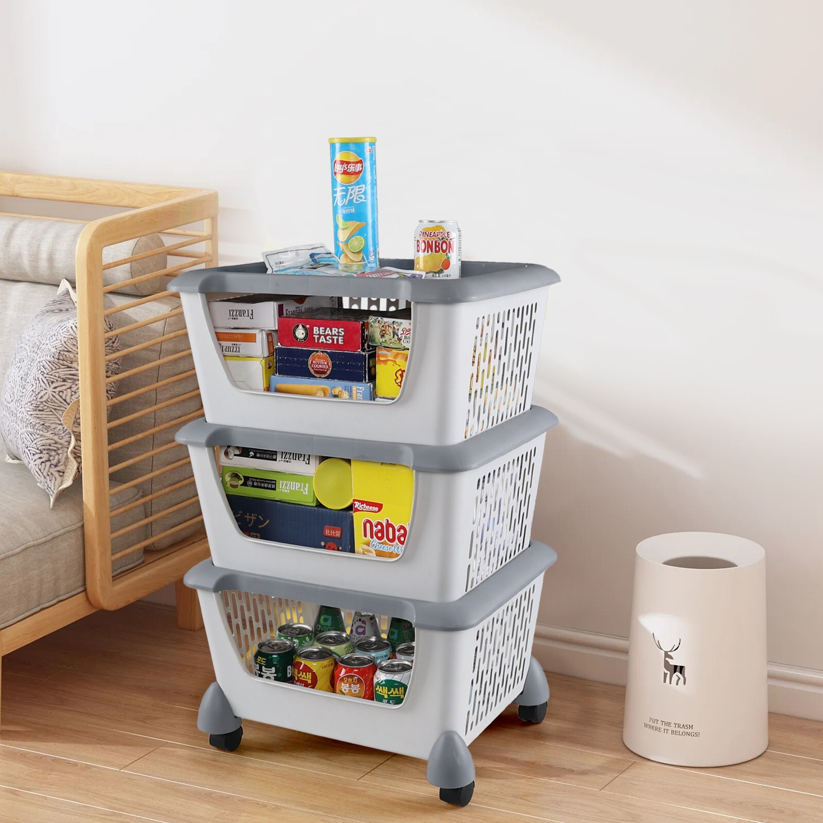 Idotry 5pcs Plastic Stackable Storage Bins - Gray Large Storage Basket w/ Wheels