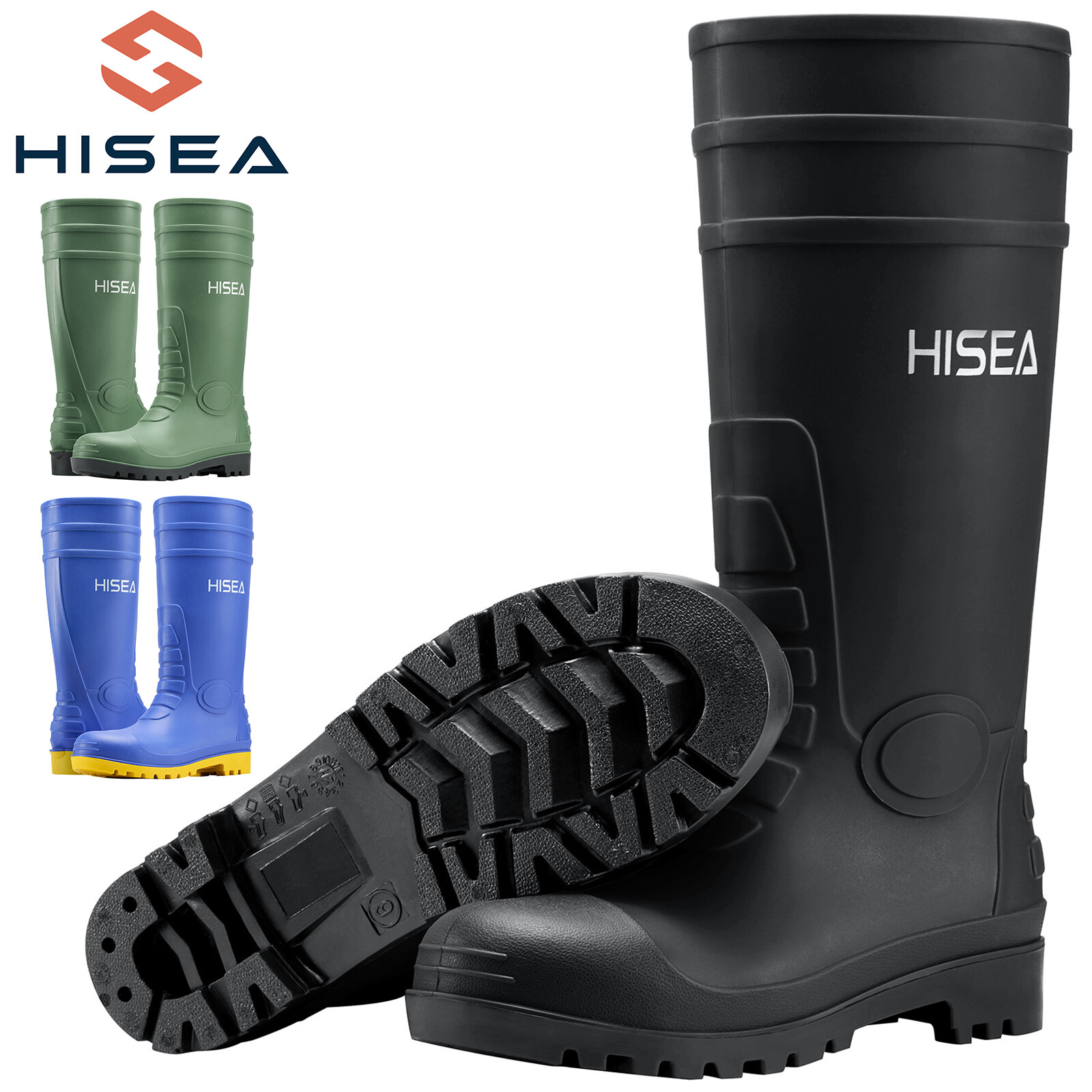 HISEA Men Steel Toe Rain Boots Waterproof Fishing Hunting Garden Mud Work Boots