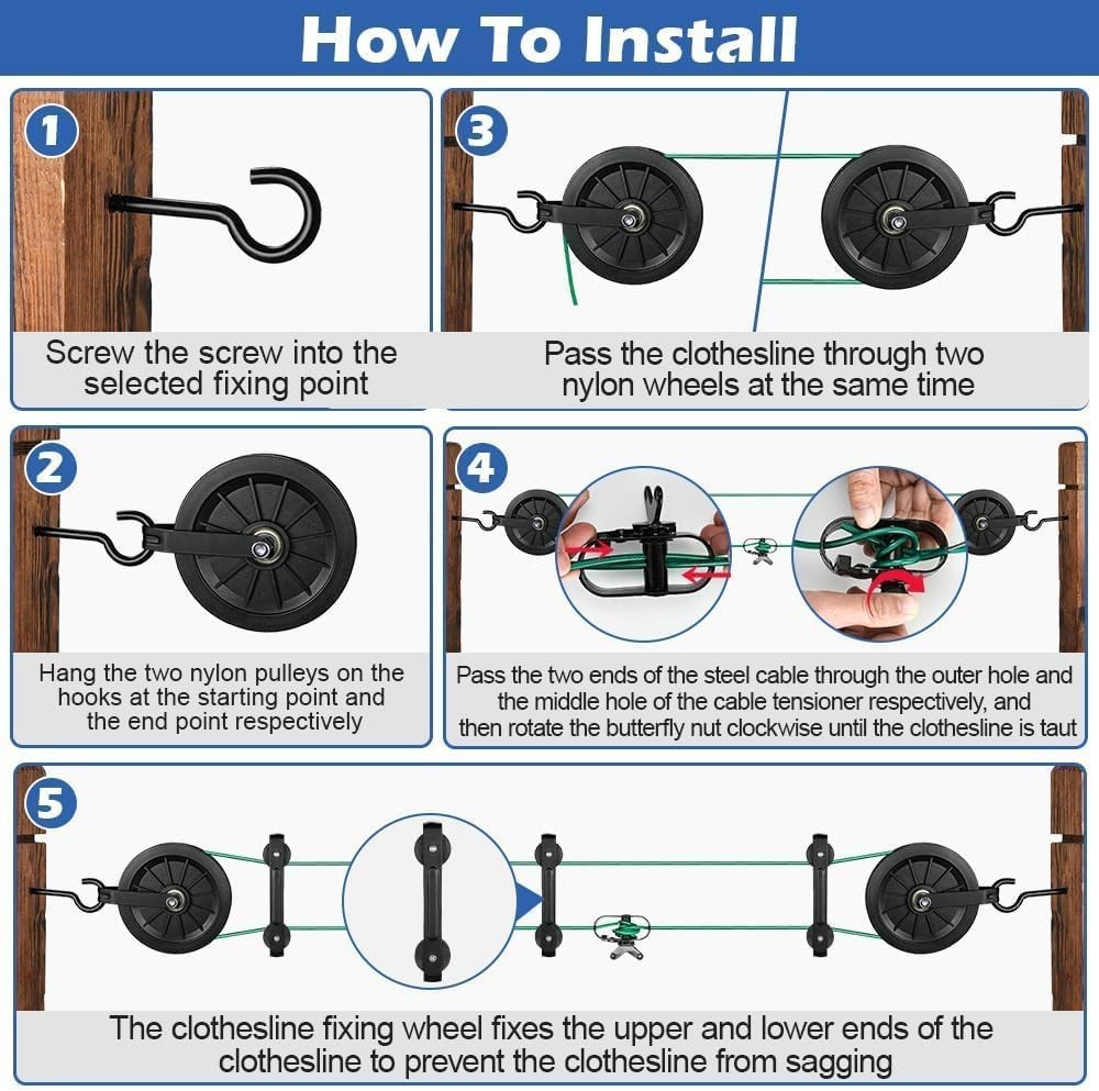 Outdoor Clothesline Kit, 150ft PVC Coated Galvanized Line with Pulley
