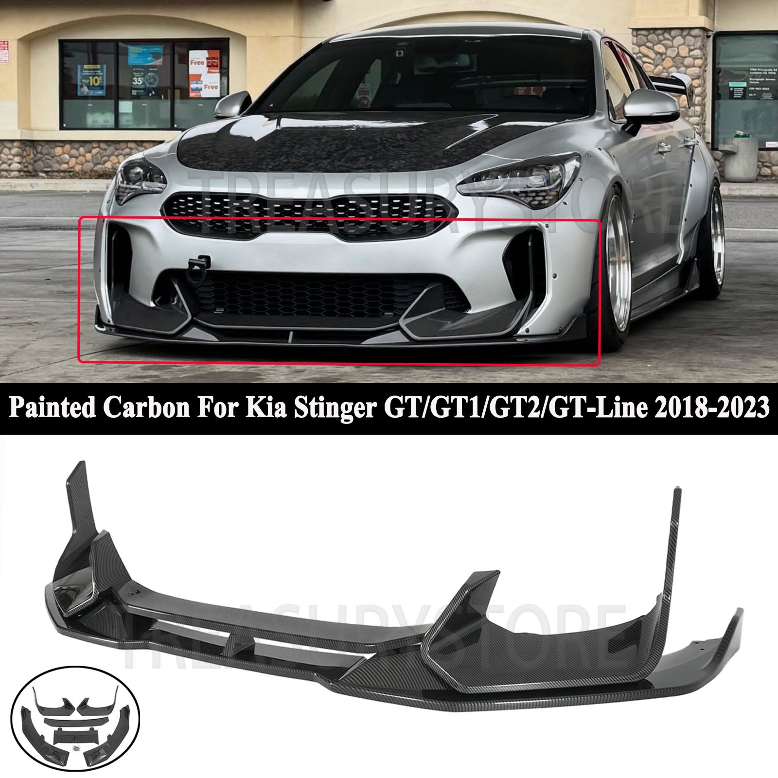 For KIA Stinger GT 18-23 Painted Carbon AD Style Front Bumper Lip W/Side Winglet