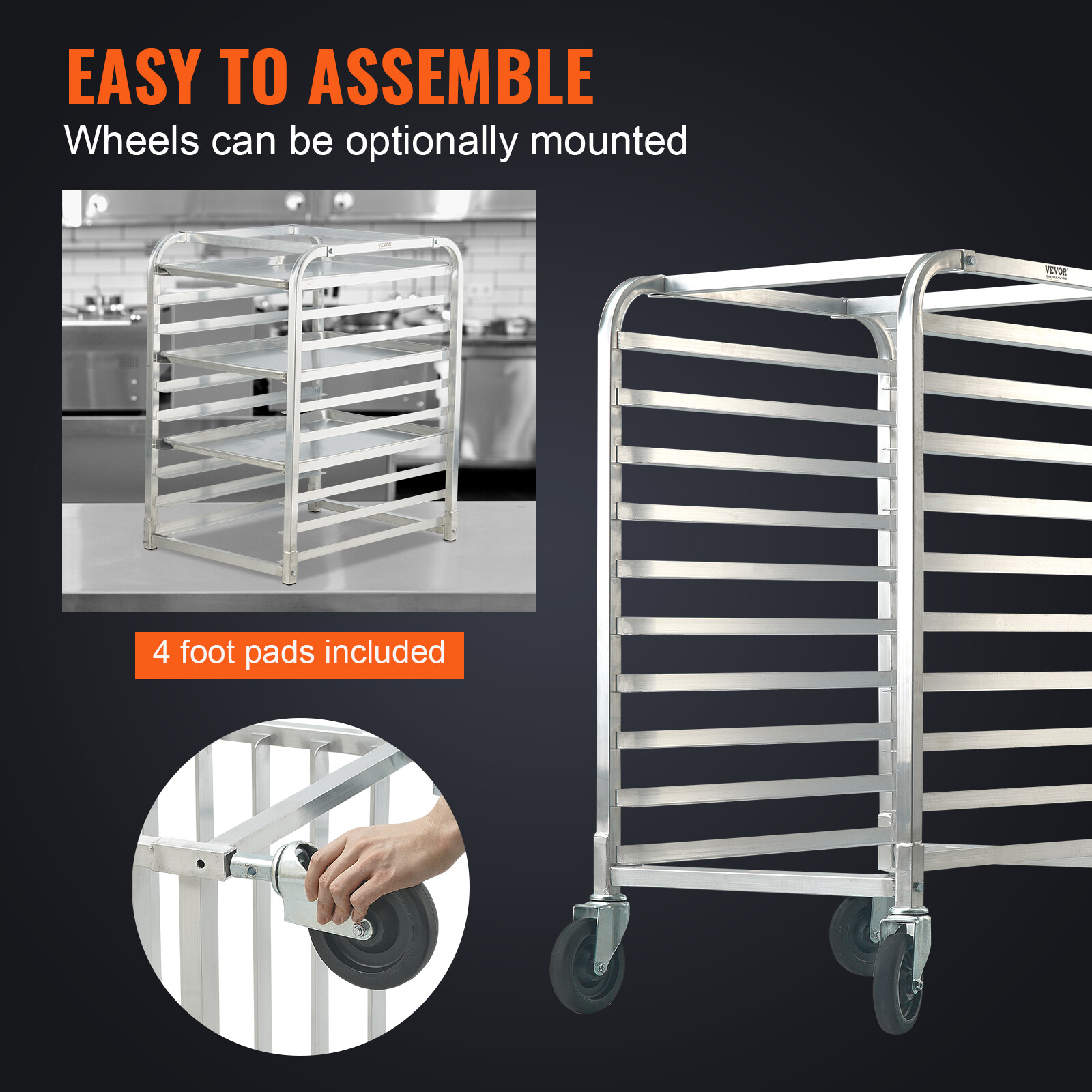 VEVOR 10 Sheet Commercial Bun Pan Rack Kitchen Aluminum Baking Racks Brake Wheel