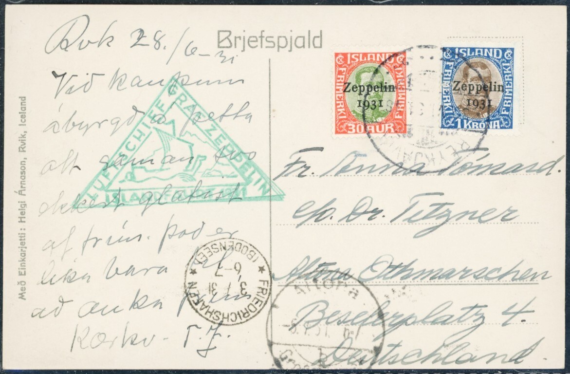 Postcard stamp Iceland.GRAF ZEPPELIN ISLANDFAHRT 1931 via Friedrichshafen