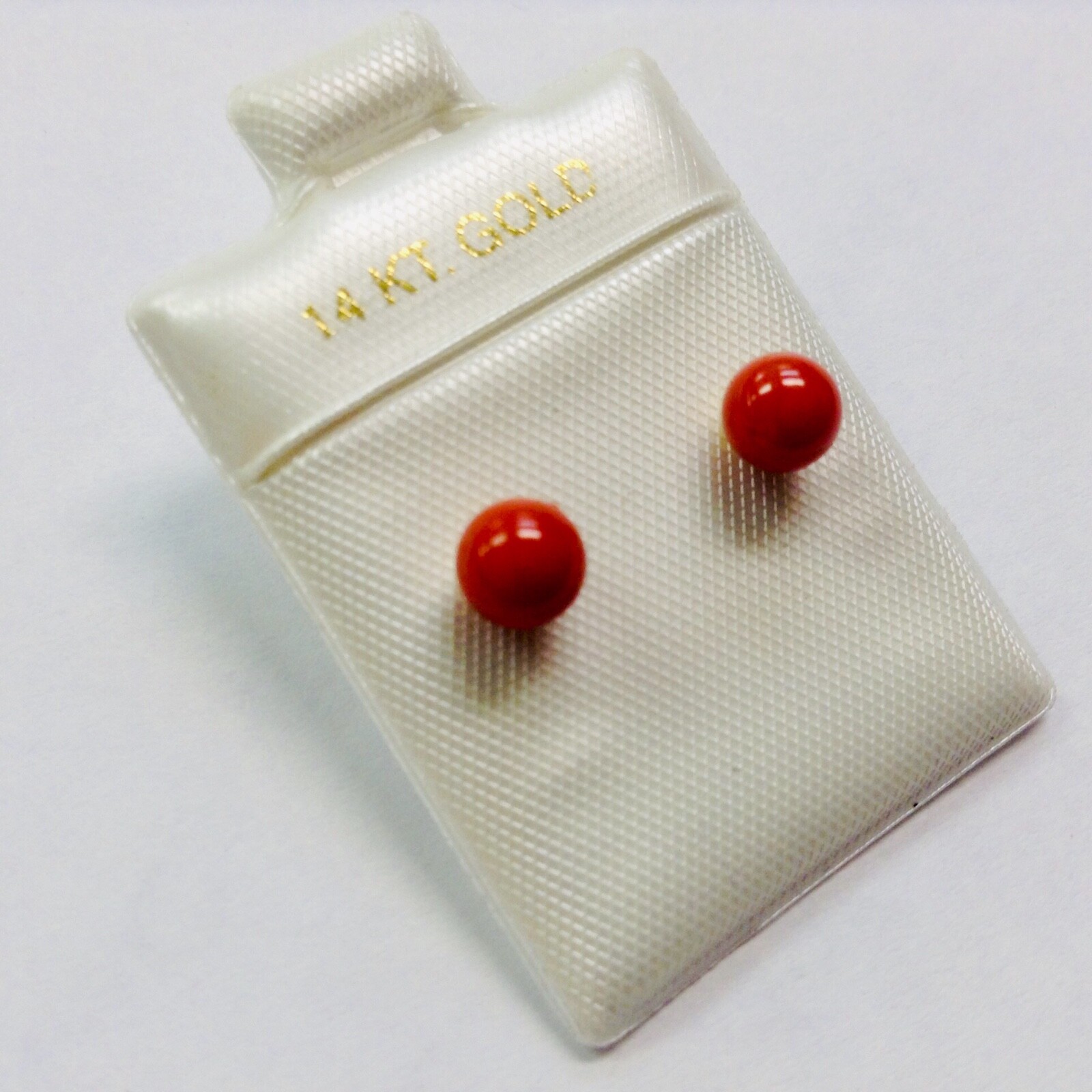 Small 14K Gold Genuine Natural Aka Red Coral 5 - 5.5 mm Ball Stud Earrings NEW