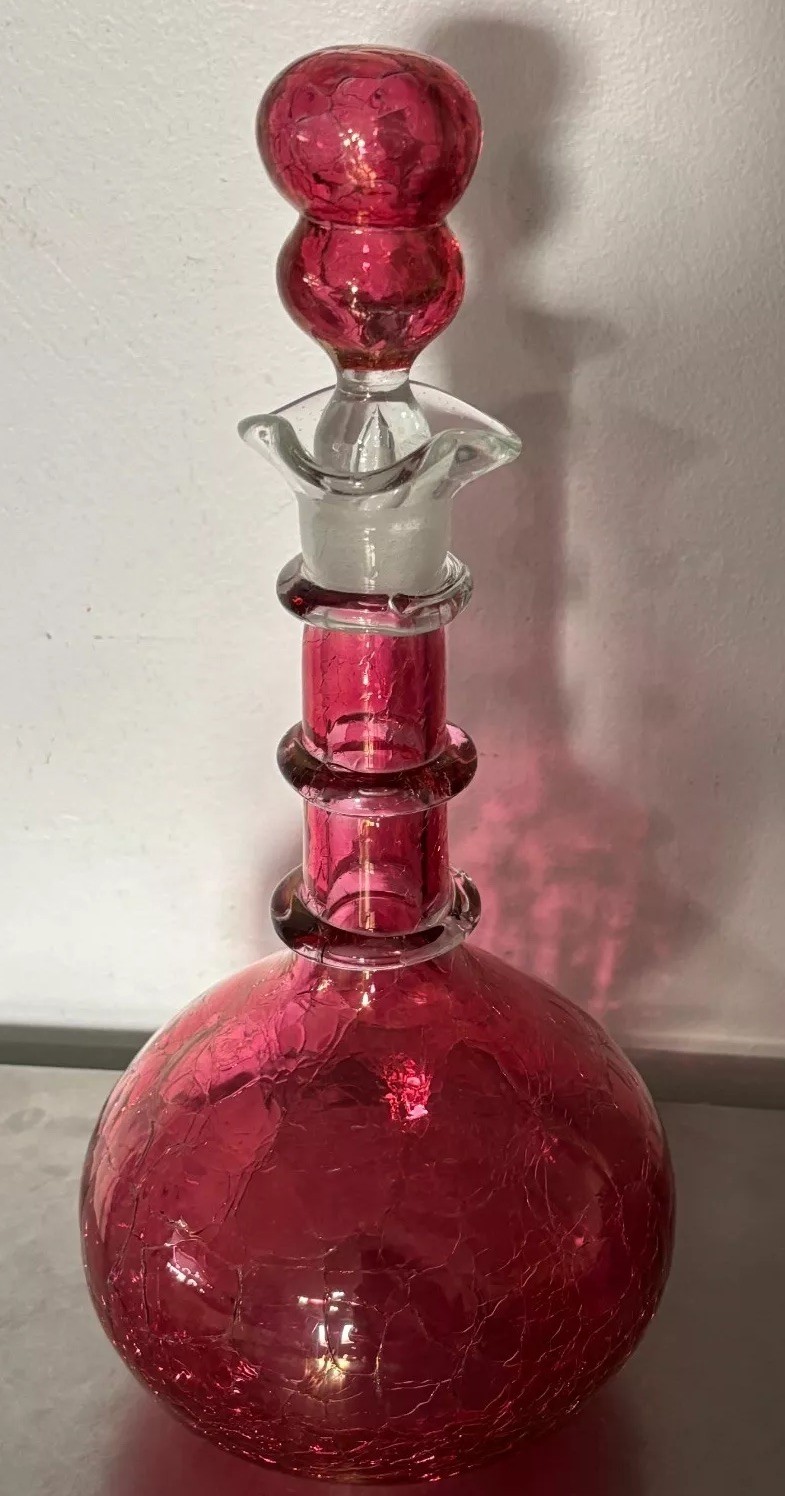 VTG Rainbow Ruffled Glass Crackle Decanter & Stopper Red Clear Rigaree Free Ship