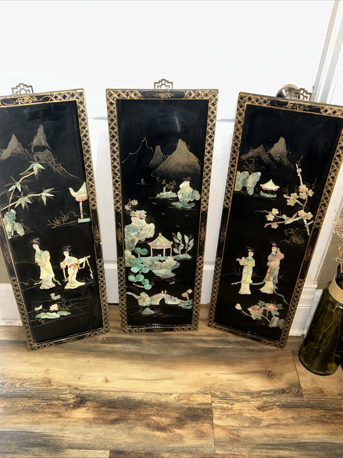 3 Vintage Laquered Asian With Mother of Pearl Panels 12”x 36”