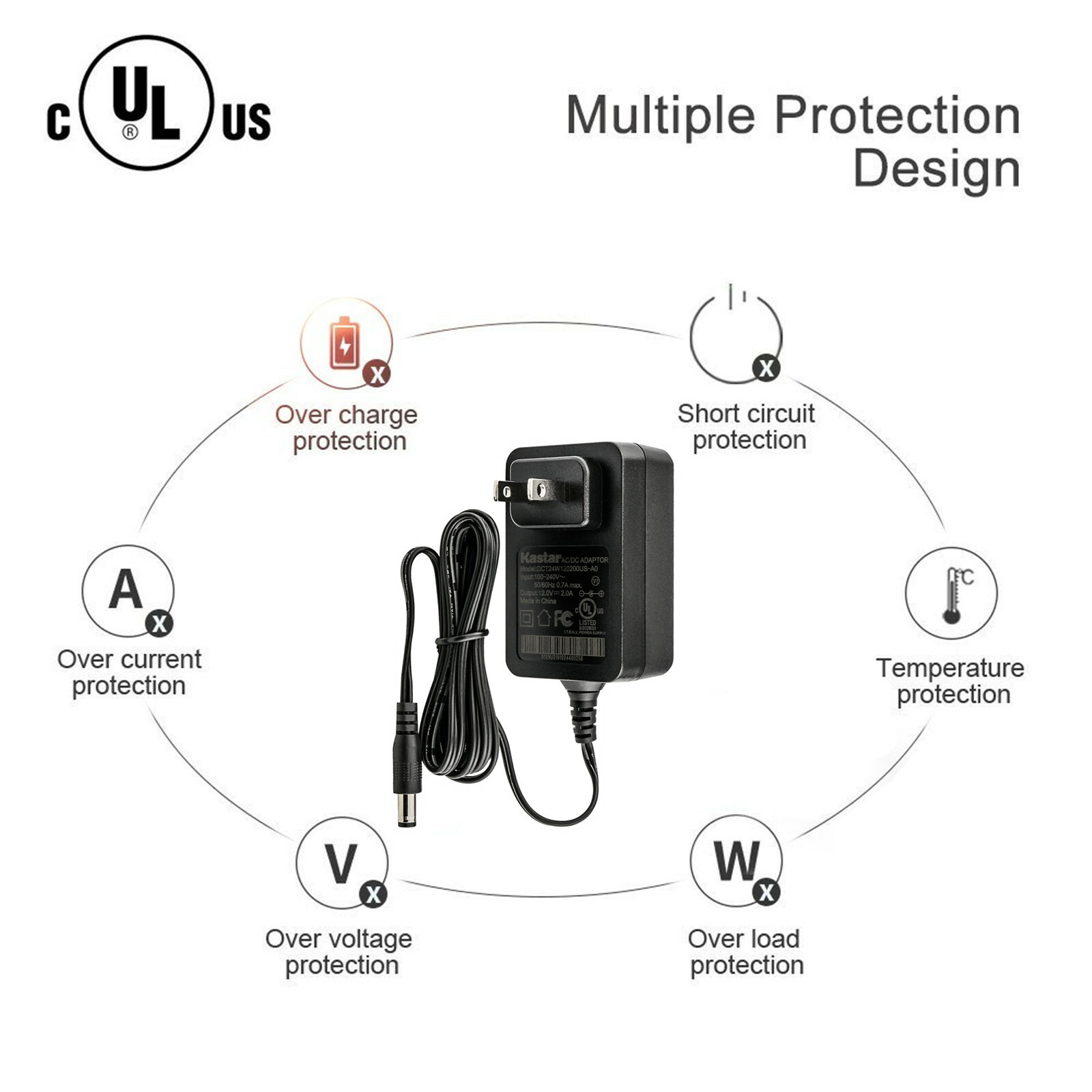 [UL List] Kastar 2 Power Adapter for IR Security Camera 12V 2A CCTV Security DVR